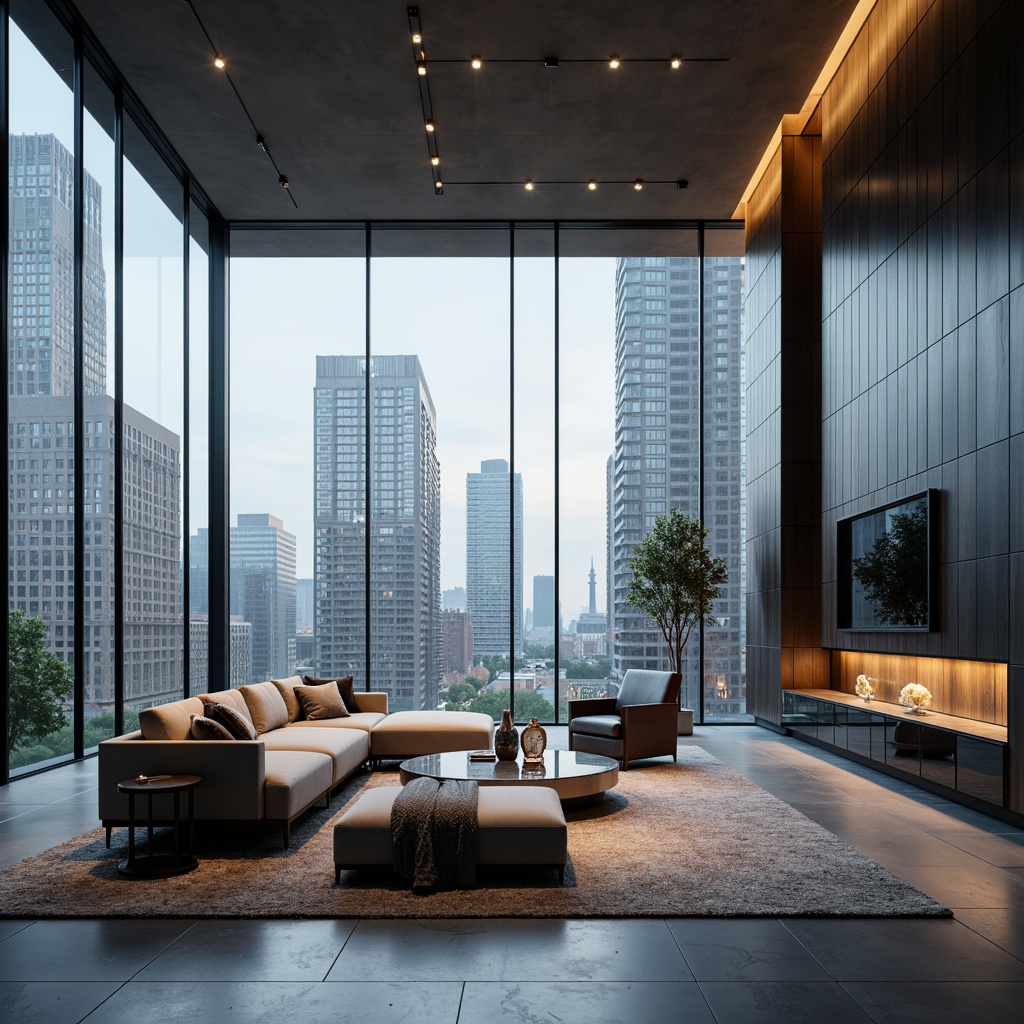 Prompt: Luxurious modern interior, sleek glass accents, polished chrome fixtures, ambient LED lighting, minimalist decor, spacious open-plan living area, floor-to-ceiling windows, panoramic city views, neutral color palette, textured rug, designer furniture, sophisticated ambiance, soft natural light, shallow depth of field, 1/2 composition, realistic reflections, subtle shadows.