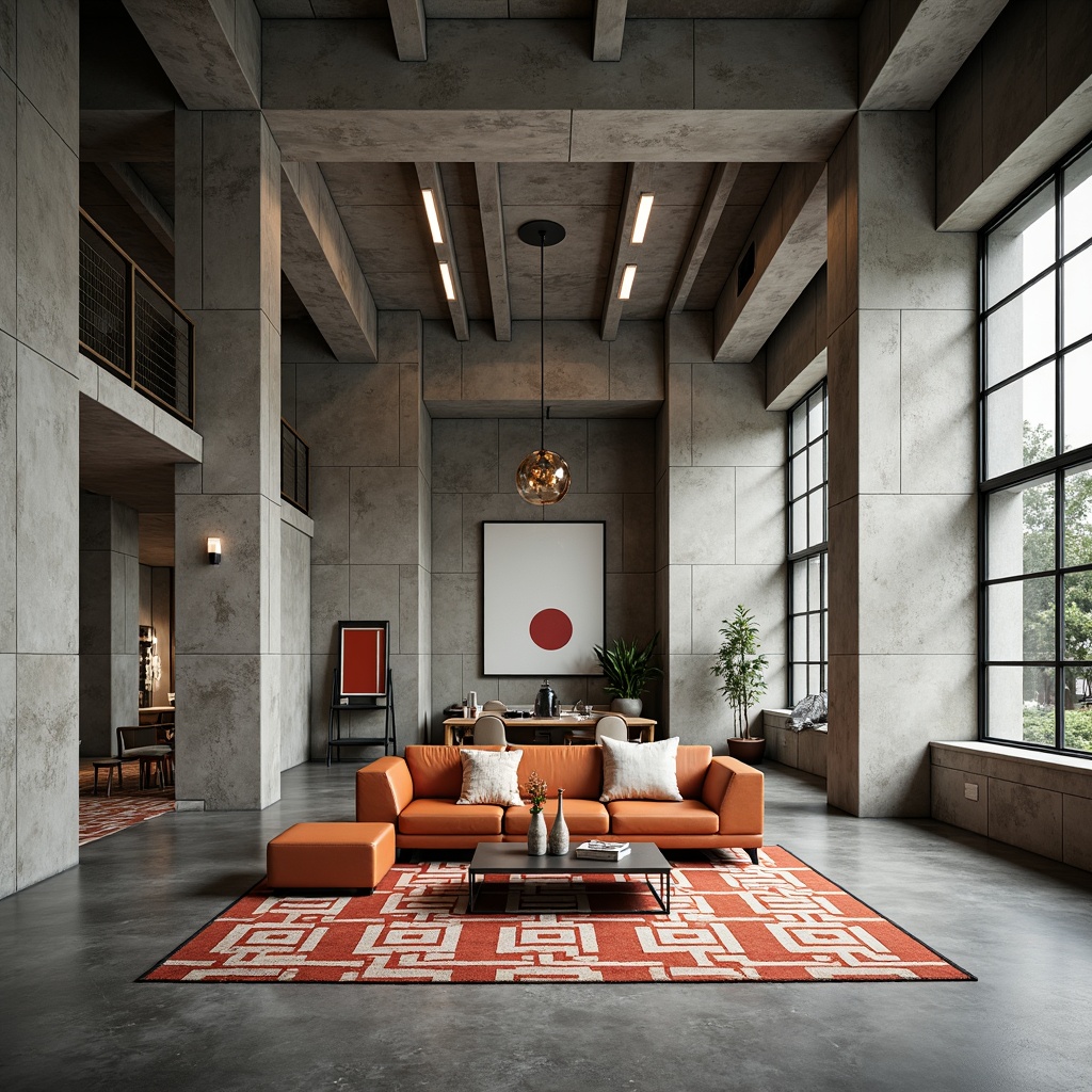 Prompt: Industrial brutalist building, raw concrete walls, steel beam structures, minimalist decor, functional simplicity, modernist typography, primary color accents, geometric patterned rugs, tubular metal furniture, natural light pouring, open floor plans, functional versatility, 3/4 composition, high-contrast lighting, realistic textures, ambient occlusion.