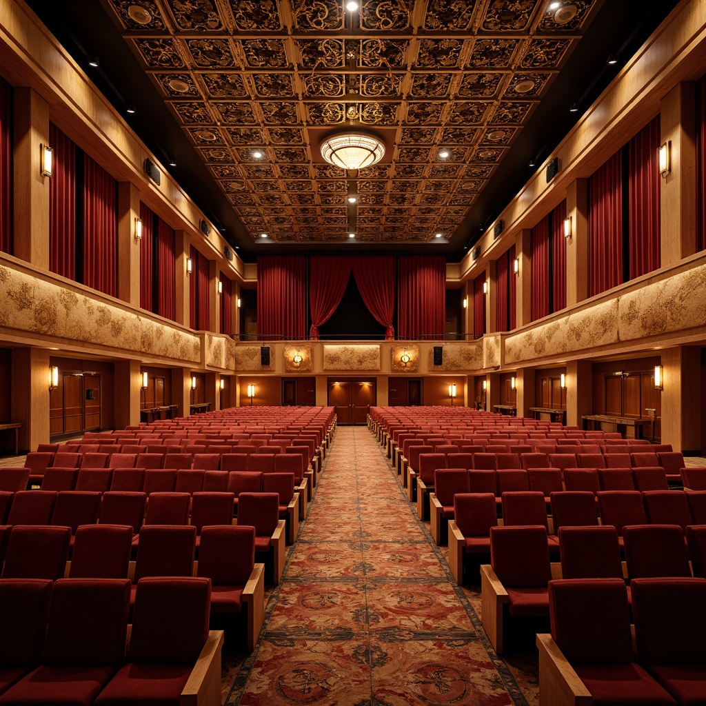 Prompt: Luxurious auditorium, rich wood tones, ornate metalwork, intricate geometric patterns, velvet curtains, golden accents, soft warm lighting, shallow depth of field, 3/4 composition, panoramic view, realistic textures, ambient occlusion, art deco inspired acoustic panels, sound-absorbing materials, fabric-wrapped walls, sleek lines, elegant curves, high ceilings, dramatic chandeliers, plush seating areas, sophisticated ambiance.