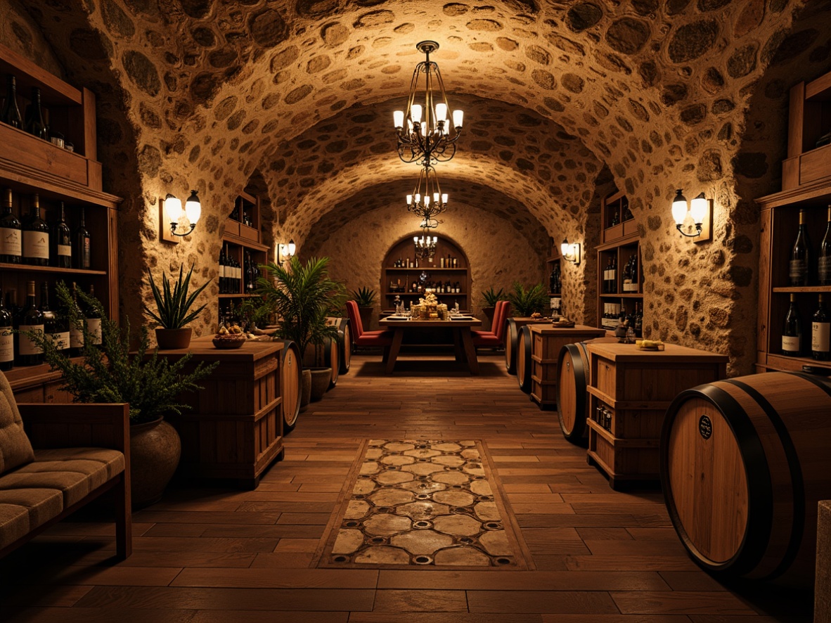 Prompt: Rich wine cellar atmosphere, eclectic decorative style, rustic stone walls, dim warm lighting, wooden wine barrels, vintage wine crates, reclaimed wood flooring, distressed metal accents, earthy color palette, natural stone tiles, hexagonal mosaic patterns, dark-stained hardwood planks, ornate metalwork details, lavish velvet textiles, dramatic chandelier fixtures, ambient shadows, 1/2 composition, warm golden lighting, realistic textures.