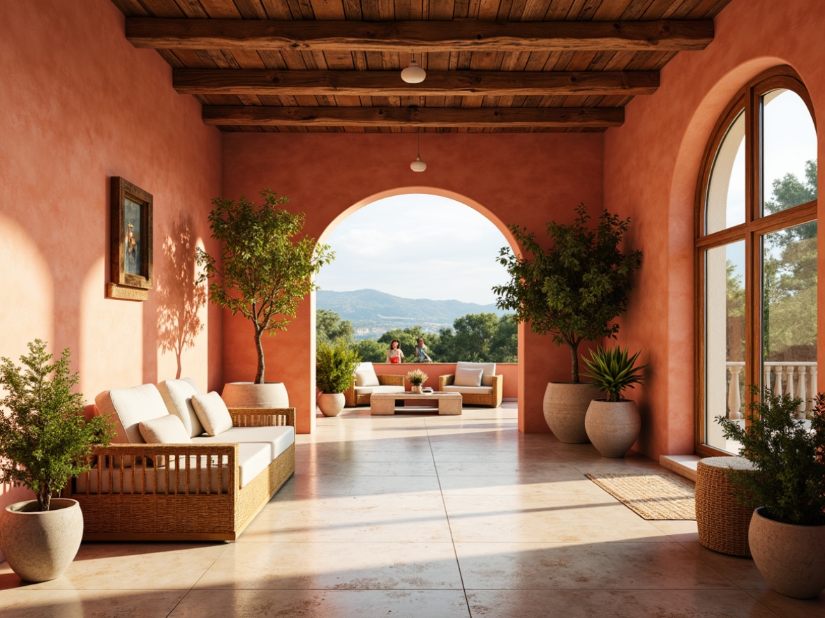 Prompt: Warm terracotta walls, creamy marble floors, soft golden lighting, rustic wooden beams, distressed finishes, vintage Mediterranean tiles, turquoise accents, coral pink hues, sunny yellow shades, natural linen fabrics, woven rattan furniture, potted olive trees, lush greenery, coastal views, serene ambiance, shallow depth of field, 3/4 composition, warm color harmony.