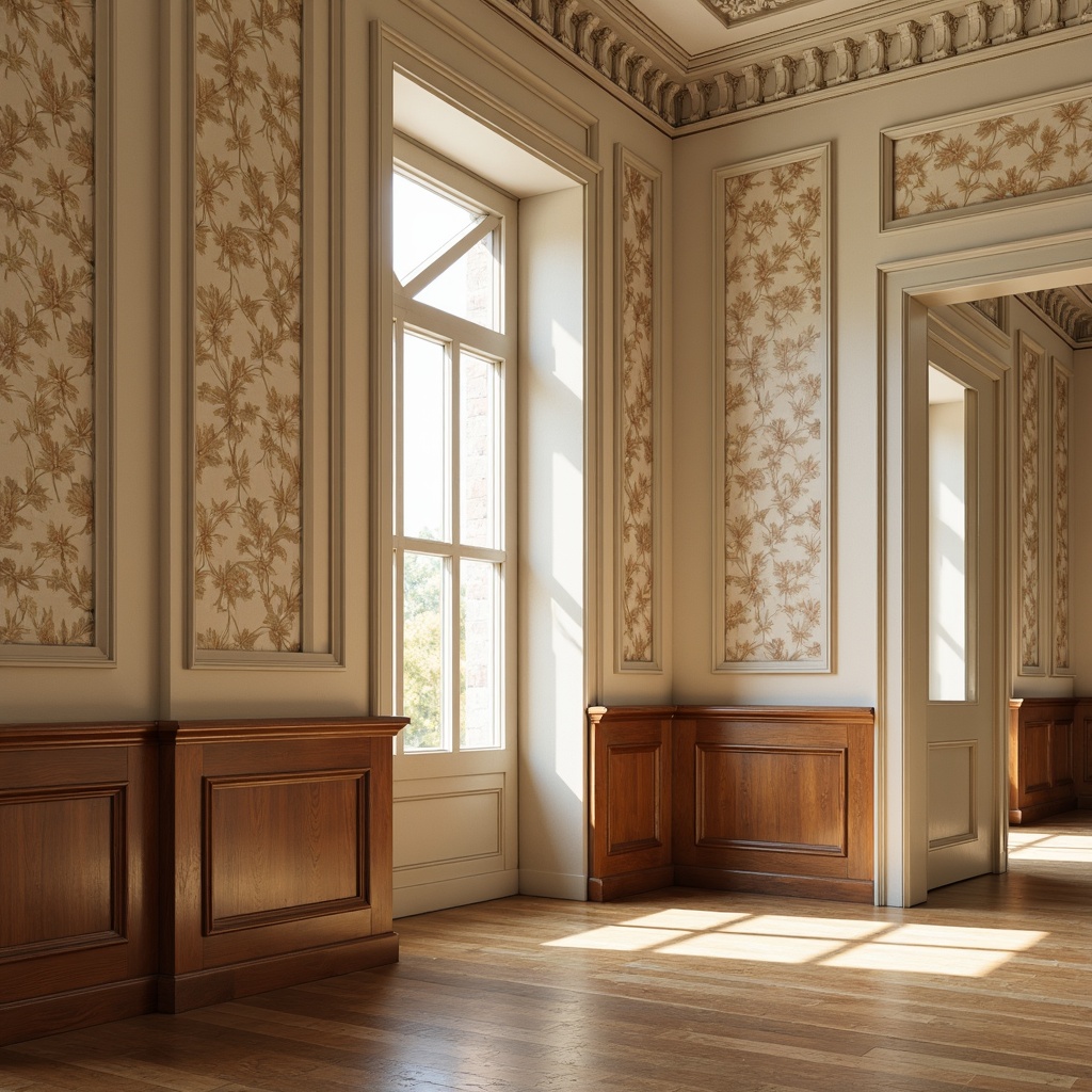 Prompt: Traditional university walls, rich wood paneling, elegant wainscoting, sophisticated wallpaper patterns, warm beige tones, soft cream colors, classic white trim, ornate moldings, decorative ceiling details, refined plaster textures, subtle sheen finishes, ambient indirect lighting, 1/2 composition, symmetrical framing, realistic material simulations.