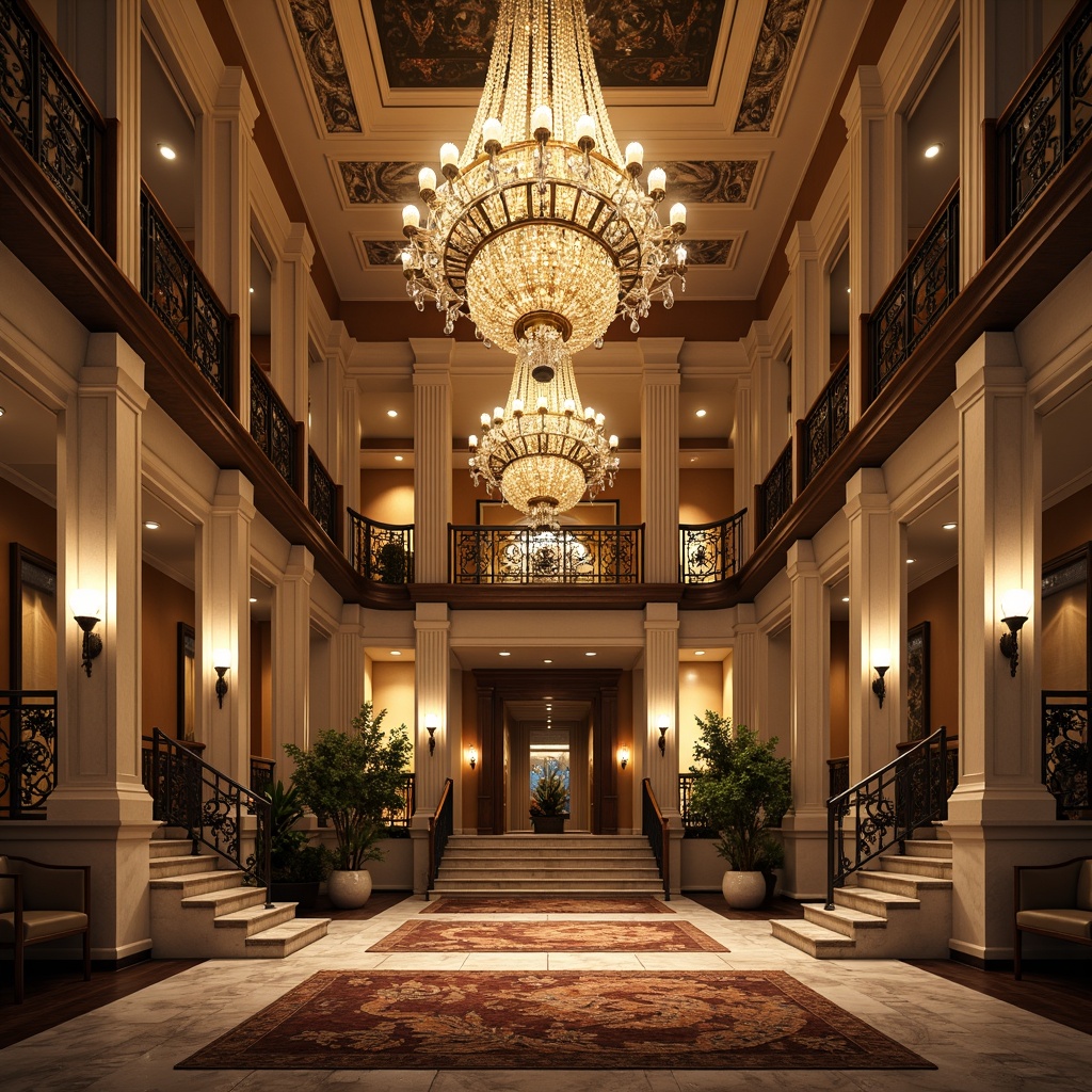 Prompt: Elegant chandeliers, ornate metalwork, crystal droplets, candle-inspired designs, grand foyer lighting, sweeping staircases, intricately patterned rugs, marble flooring, high ceilings, classical columns, symmetrical compositions, warm golden lighting, soft ambient glow, subtle shadows, 3-point lighting setup, realistic textures, subtle color grading.