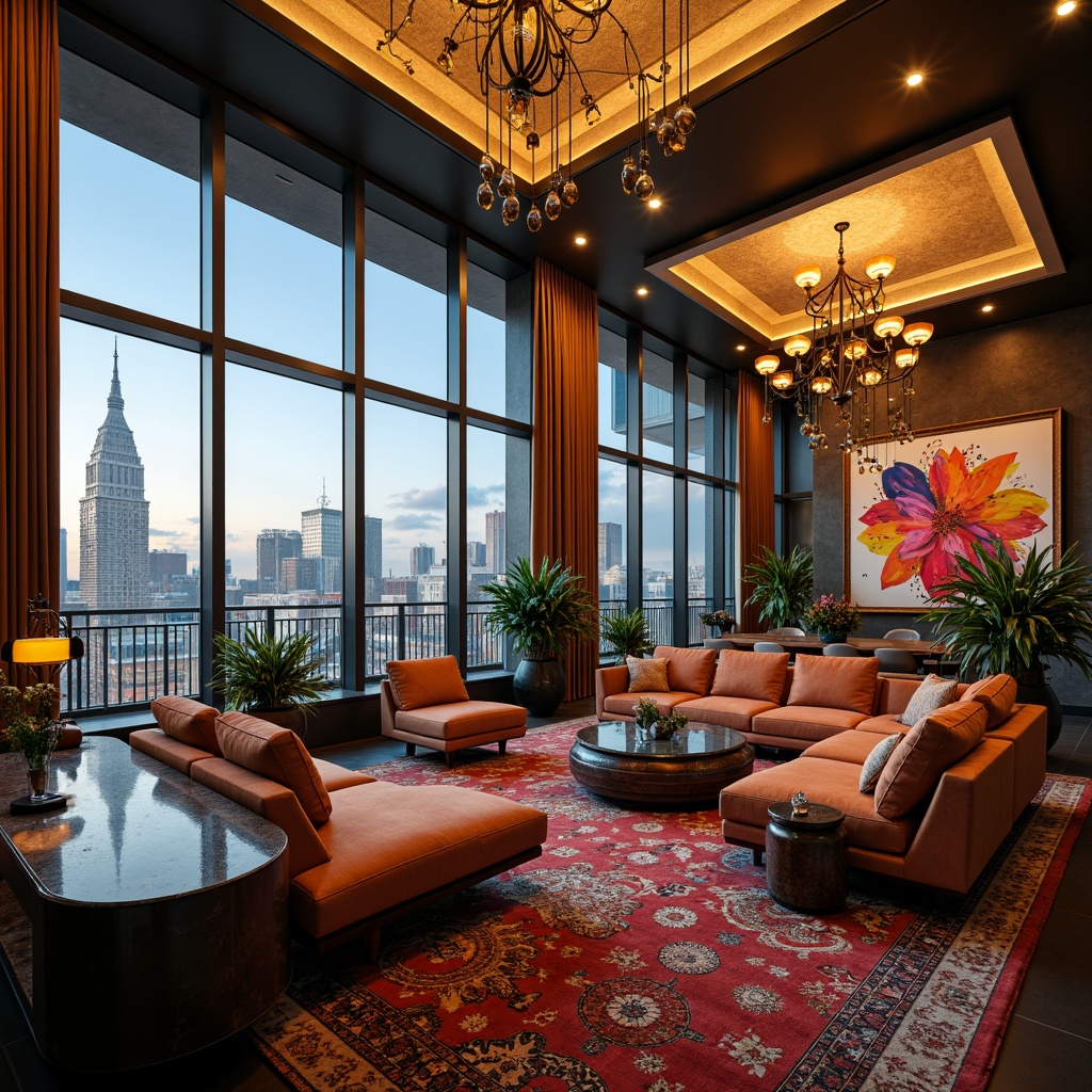 Prompt: Luxurious penthouse interior, dramatic high ceilings, lavish furnishings, abstract artwork, bold color palette, eclectic decor, ornate chandeliers, floor-to-ceiling windows, stunning cityscape views, warm golden lighting, soft shadows, rich textures, metallic accents, sleek lines, futuristic ambiance, moody atmospheric illumination, 1/1 composition, cinematic camera angles, low-key lighting, vibrant colorful hues, expressionist brushstrokes.