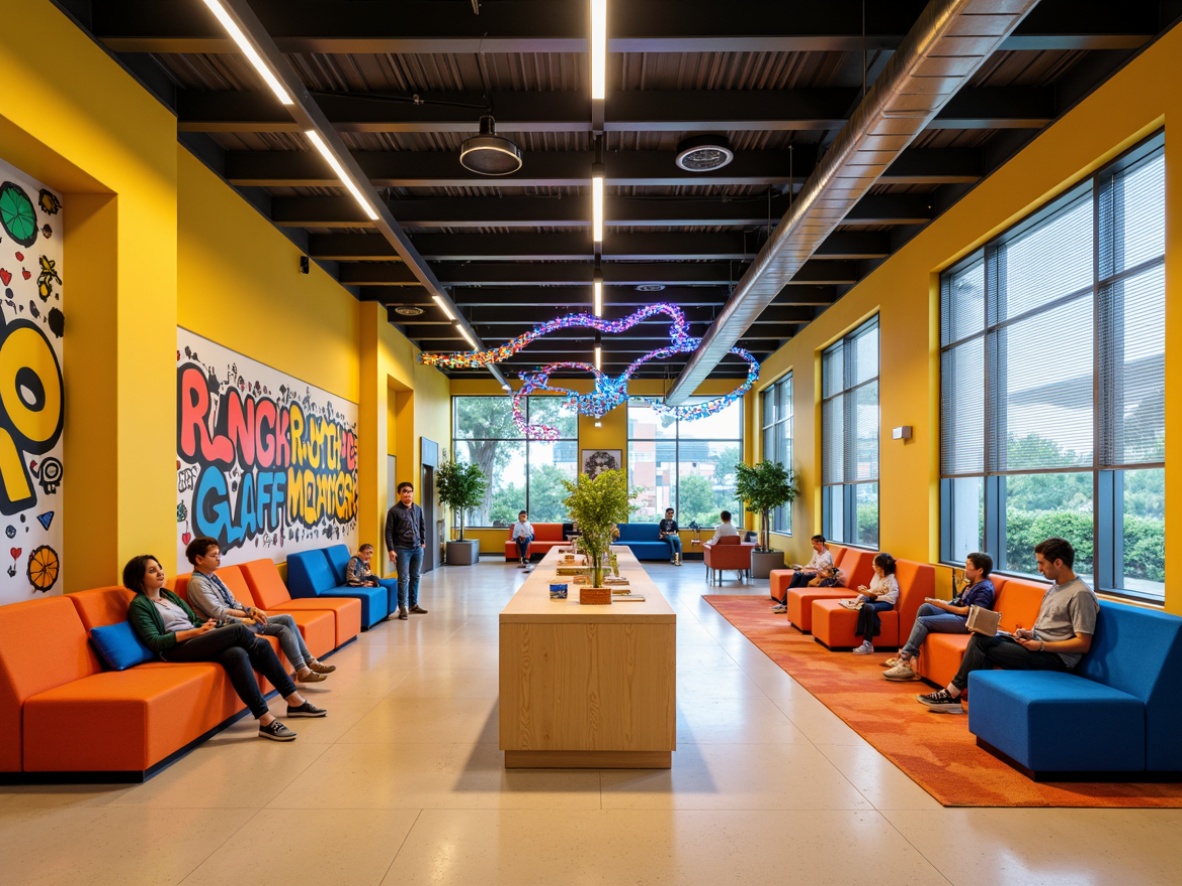 Prompt: Vibrant youth center interior, energetic color scheme, bright yellow walls, bold blue accents, playful orange furniture, warm beige floors, modern minimalist decor, industrial metal beams, urban graffiti-inspired murals, eclectic mix of patterns, textures, and shapes, abundant natural light, floor-to-ceiling windows, cozy reading nooks, dynamic LED lighting, futuristic neon signs, youthful energetic atmosphere, 3/4 composition, shallow depth of field, realistic textures.