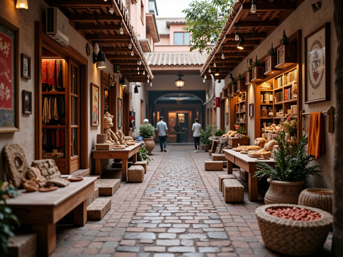 Prompt: Vibrant market scene, ornate wooden stalls, intricately carved decorations, rustic terracotta tiles, worn stone floors, distressed brick walls, colorful textiles, patterned rugs, woven baskets, natural fiber fabrics, earthy color palette, warm soft lighting, shallow depth of field, 1/1 composition, realistic textures, ambient occlusion.