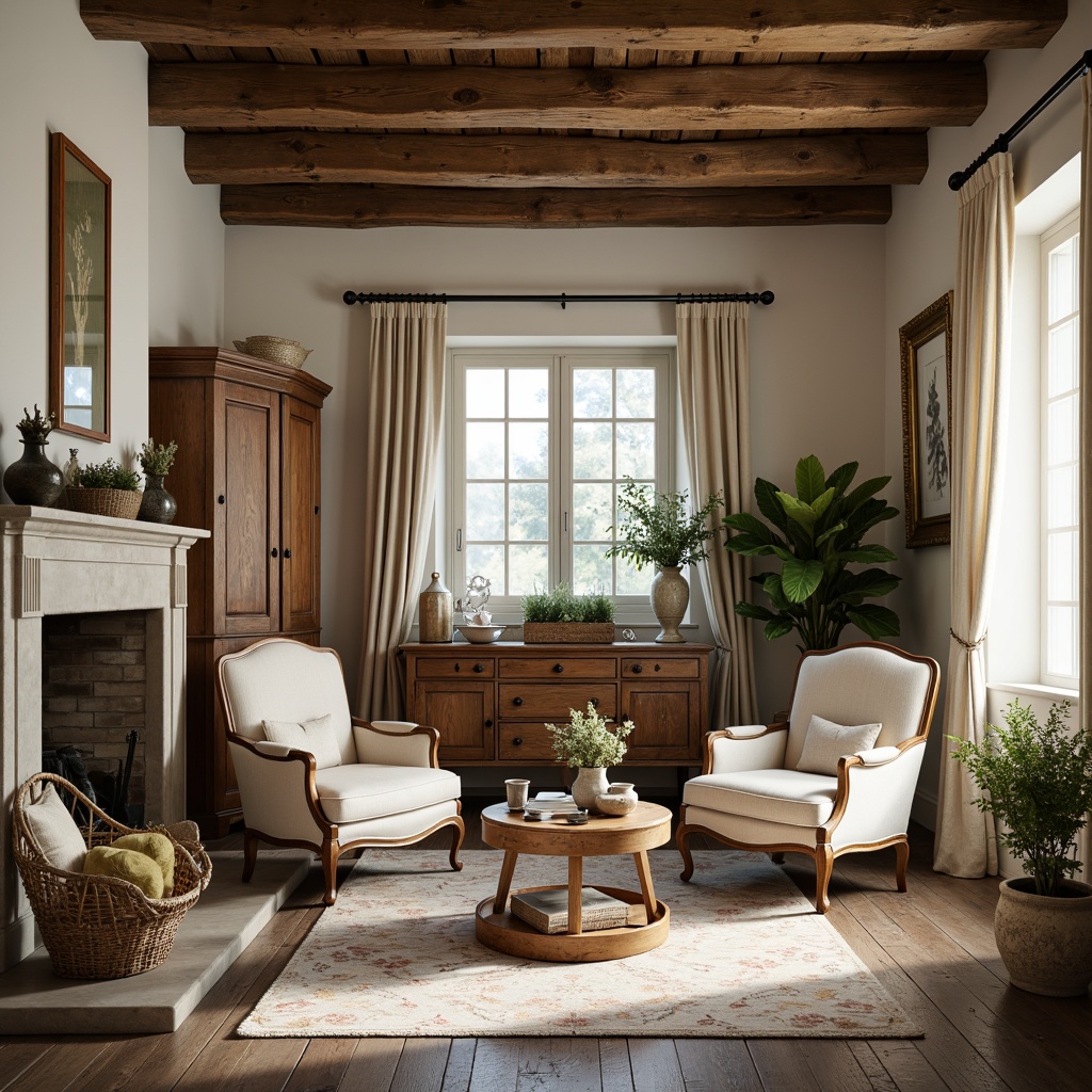 Prompt: Rustic French country cottage, distressed wood furniture, vintage linen fabrics, soft pastel colors, toile de Jouy prints, natural fibers, woven baskets, floral patterns, lace trimmings, velvet upholstery, antique wooden beams, stone fireplaces, warm candlelight, cozy nooks, plush area rugs, aged leather armchairs, elegant drapery, classic Louis XVI style, ornate metalwork, soft sunlight filtering through shutters, romantic ambiance.