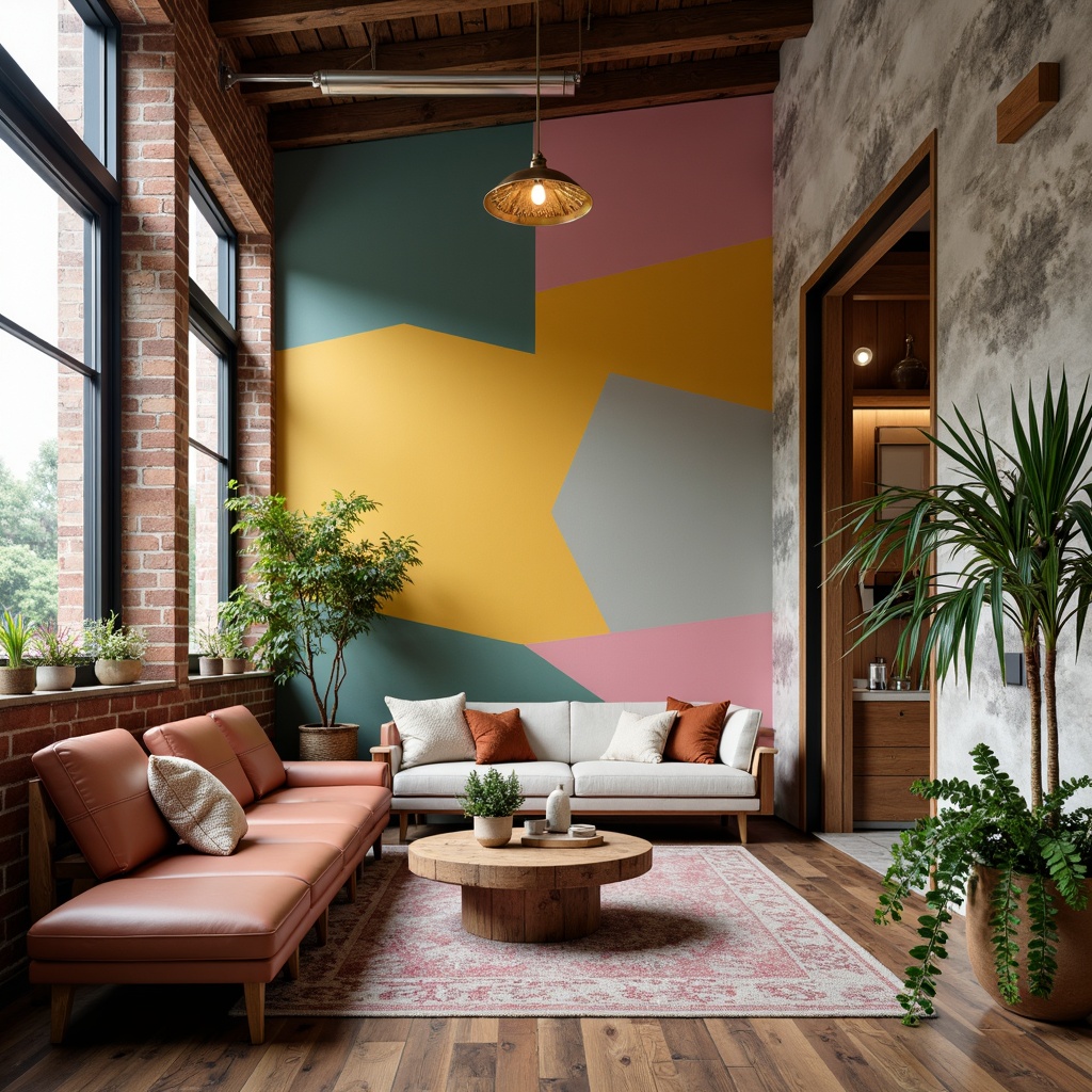 Prompt: Vibrant design studio, modern interior space, eclectic color scheme, bold accent walls, pastel hues, metallic accents, natural textiles, reclaimed wood furniture, industrial chic decor, warm ambient lighting, 3/4 composition, shallow depth of field, panoramic view, realistic textures, ambient occlusion.