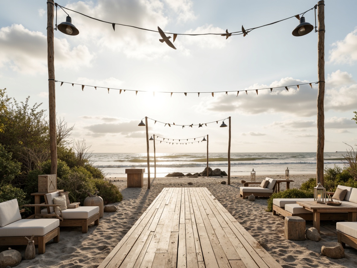 Prompt: Soothing coastal venue, soft sandy beach, calming ocean waves, seagulls flying overhead, driftwood accents, weathered wooden decks, nautical ropes, ocean-inspired color palette, gentle blues, creamy whites, warm beiges, muted greens, natural textures, woven fibers, distressed finishes, vintage naval elements, rustic metal lanterns, serene ambiance, warm golden lighting, shallow depth of field, 1/2 composition, intimate atmosphere.