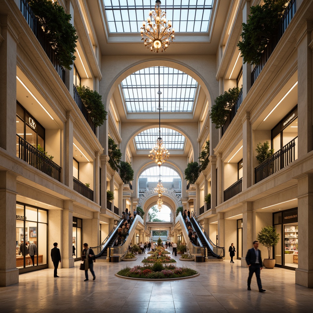 Prompt: Elegant shopping mall, grandiose high ceilings, ornate chandeliers, marble flooring, neoclassical columns, arches, symmetrical layouts, lavish fountains, intricate moldings, luxurious escalators, upscale retail stores, refined ambient lighting, soft warm color palette, detailed carvings, subtle textures, shallow depth of field, 2/3 composition, natural light pouring in, realistic reflections, ambient occlusion.