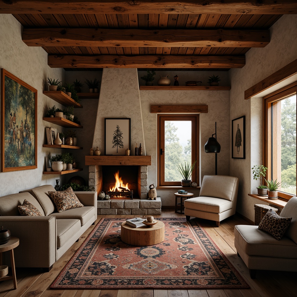 Prompt: Rustic wooden furniture, earthy color palette, natural stone walls, traditional ornaments, cozy fireplaces, plush textiles, vintage decorations, distressed wood accents, warm soft lighting, shallow depth of field, 1/1 composition, intimate atmosphere, organic shapes, handcrafted details, cultural heritage influences, regional characteristic elements.