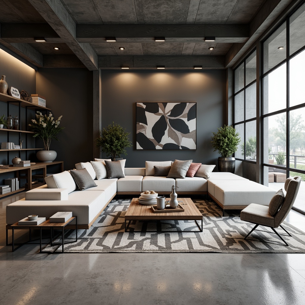 Prompt: Industrial-style living room, minimalist decor, functional furniture pieces, low-profile sofas, geometric-patterned rugs, metal-legged coffee tables, tubular steel chairs, angular wooden shelves, monochromatic color scheme, matte finishes, indirect lighting, 1/2 composition, shallow depth of field, high-contrast textures, subtle ambient occlusion.