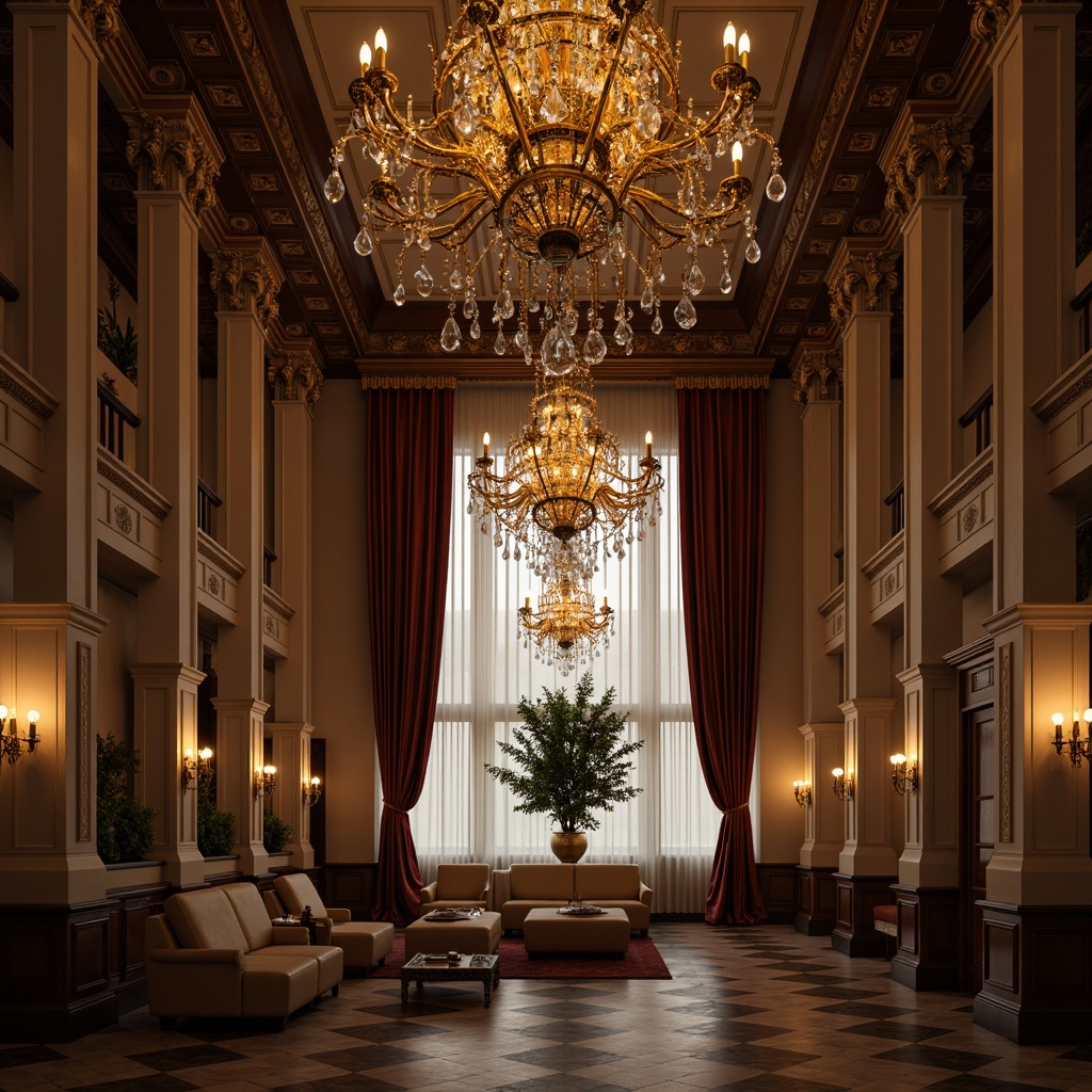 Prompt: Ornate chandeliers, crystal droplets, golden accents, intricate metalwork, ornamental sconces, luxurious fabrics, velvet drapes, marble columns, grandiose architecture, high ceilings, symmetrical composition, soft warm glow, ambient lighting, subtle shading, realistic reflections, detailed textures, 1/1 aspect ratio, shallow depth of field, elegant furnishings, refined decorations, classic motifs, sophisticated ambiance.