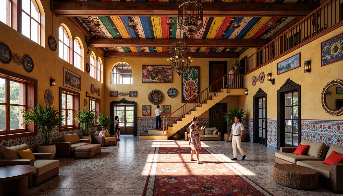 Prompt: Vibrant cultural center, eclectic architecture, mixed patterns, bold colors, intricate mosaics, textured fabrics, woven baskets, colorful tapestries, African-inspired prints, Moroccan-style tiles, ornate mirrors, luxurious chandeliers, grand staircases, open floor plans, natural light pouring in, soft warm ambiance, 1/1 composition, realistic reflections, ambient occlusion.