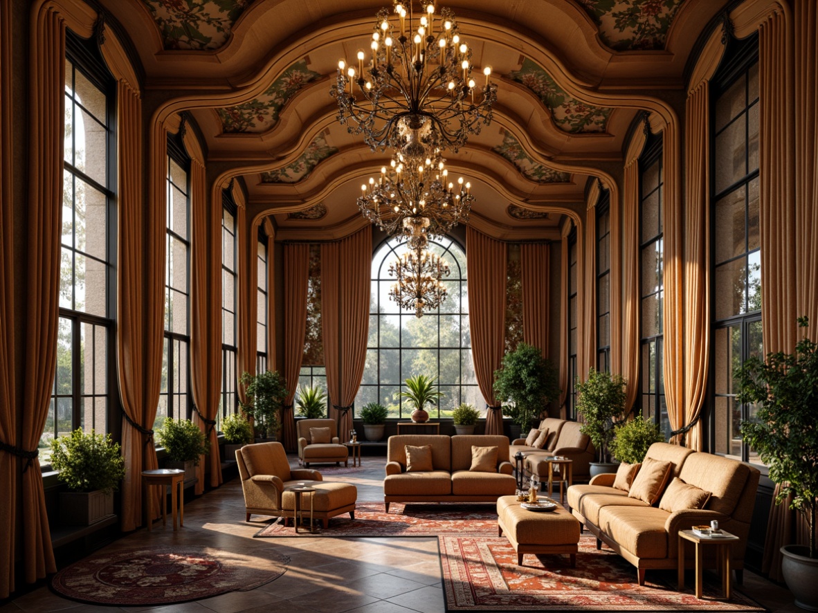 Prompt: Grandiose chandeliers, ornate mirrors, lavish furnishings, curved lines, organic forms, flowing patterns, botanical motifs, sinuous shapes, stained glass windows, intricate mosaics, luxurious textiles, velvet drapes, golden accents, soft warm lighting, shallow depth of field, 1/2 composition, atmospheric perspective, realistic reflections, ambient occlusion.