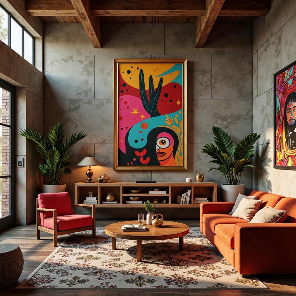 Prompt: Vibrant eclectic living room, bold geometric patterns, textured concrete walls, reclaimed wood accents, colorful abstract artwork, mixed metallic frames, oversized vintage posters, plush velvet furniture, Moroccan-inspired tiles, distressed wooden shelves, eclectic decorative objects, warm golden lighting, soft focus photography, 1/2 composition, atmospheric depth of field, realistic textures.