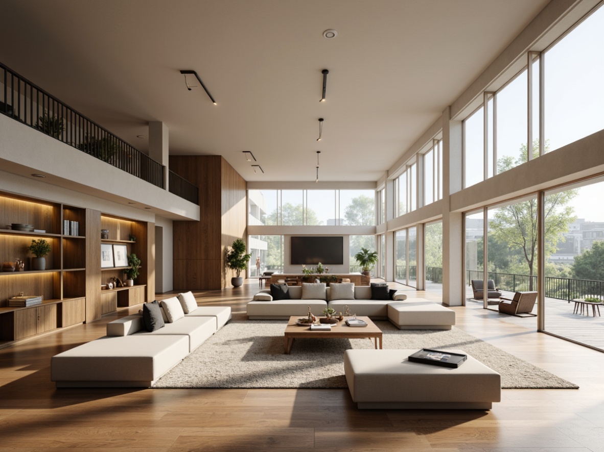 Prompt: Modern minimalist living room, sleek low-profile furniture, airy open space, maximum flow and circulation, curved lines, polished hardwood floors, neutral color palette, floor-to-ceiling windows, abundant natural light, soft warm ambiance, 3/4 composition, shallow depth of field, realistic textures, ambient occlusion, comfortable seating areas, coffee table with minimalist legs, wall-mounted shelves, hidden storage compartments, flowing traffic path, functional workspace, task-oriented lighting, subtle color accents.