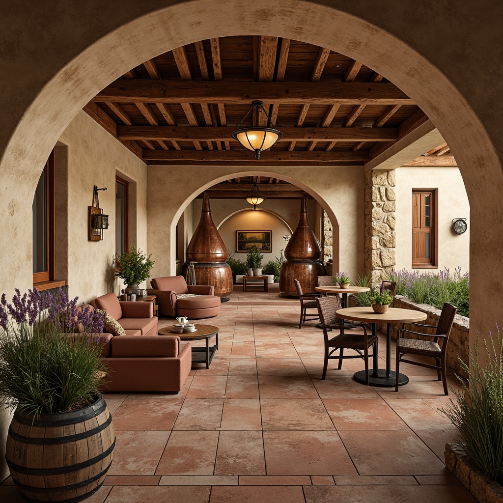 Prompt: Rustic winery interior, Mediterranean-style arches, natural stone walls, reclaimed wooden beams, earthy terracotta flooring, wine barrels, vintage oak aging vats, copper accents, soft warm lighting, cozy nooks, plush furnishings, rich velvet textiles, ornate metalwork, ceramic tiles, aromatic lavender plants, lush greenery, warm beige color palette, rustic wooden tables, woven rattan chairs, ambient occlusion, realistic reflections, shallow depth of field, 3/4 composition, panoramic view.