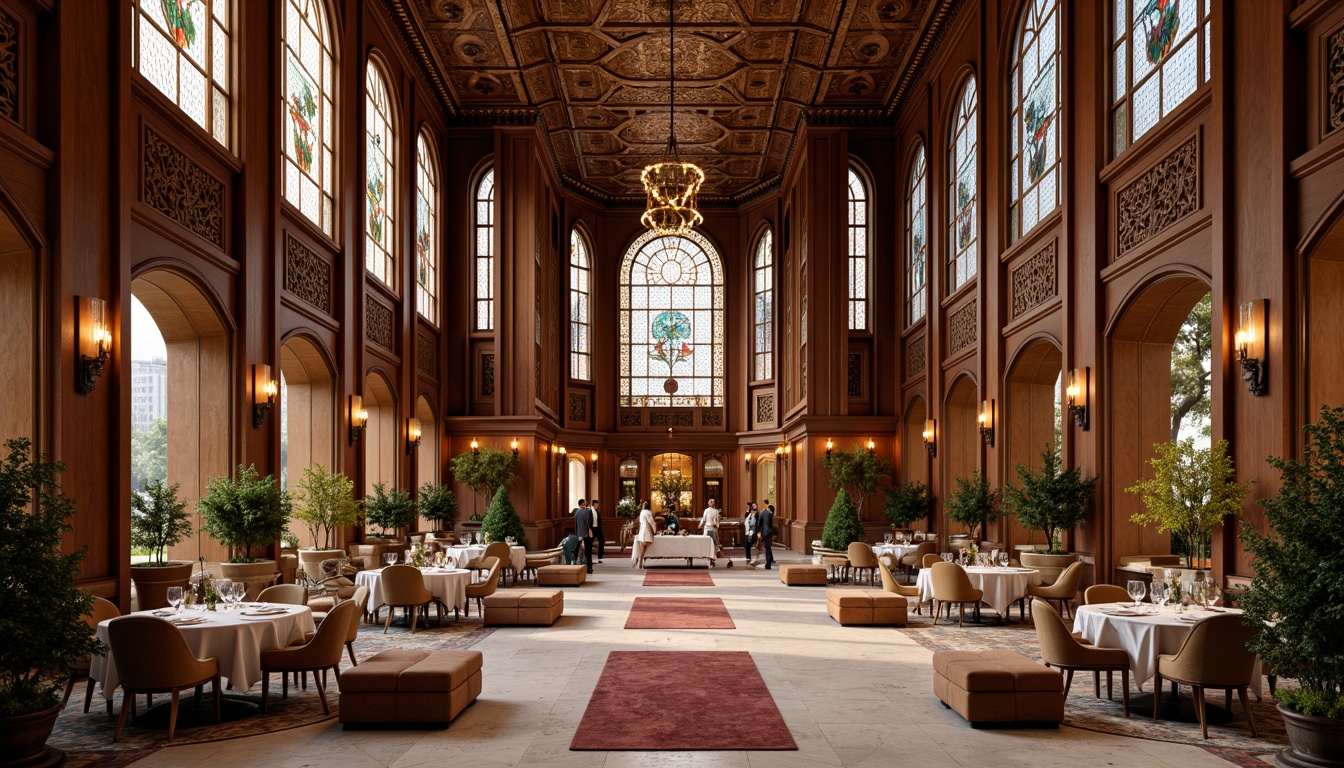 Prompt: Opulent dining hall, intricately carved wooden panels, sinuous lines, flowing curves, organic forms, luxurious velvet drapes, ornate metalwork, grand chandeliers, stained glass windows, rich wood tones, marble floors, intricate inlays, ornamental mirrors, curvaceous furniture, upholstered chairs, tufted ottomans, floral patterns, nature-inspired motifs, soft warm lighting, shallow depth of field, 1/2 composition, warm color palette, high-gloss finishes, realistic textures.