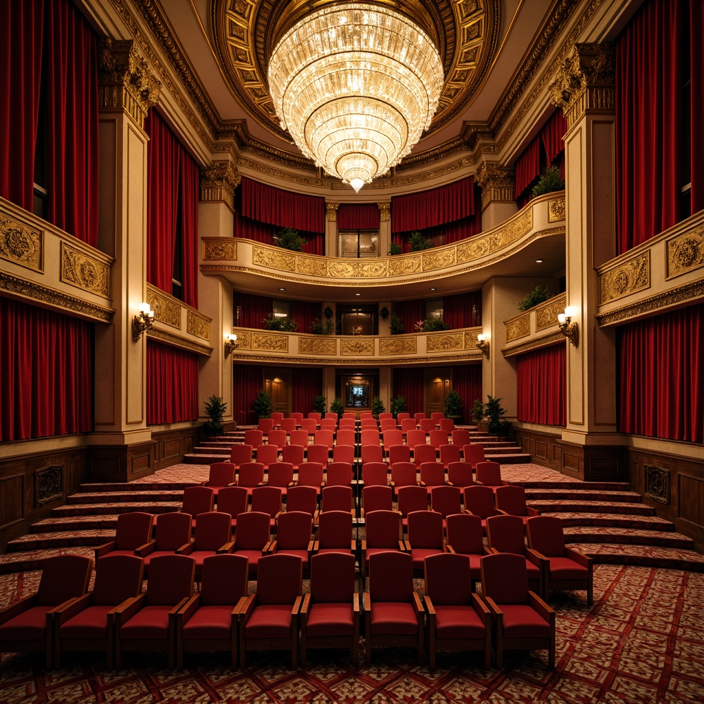 Prompt: Luxurious auditorium, Art Deco style, ornate gold details, velvet curtains, grand chandelier, tiered seating arrangement, curved rows, plush red chairs, wooden armrests, intricate carvings, geometric patterns, luxurious fabrics, soft warm lighting, shallow depth of field, 3/4 composition, panoramic view, realistic textures, ambient occlusion.