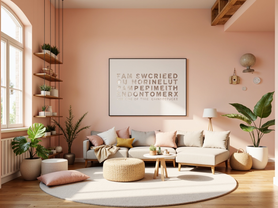 Prompt: Vibrant design studio, modern minimalist decor, bold typography, pastel color scheme, soft peach tones, creamy whites, rich charcoal accents, natural wood textures, geometric patterns, Scandinavian-inspired aesthetic, bright airy atmosphere, warm golden lighting, shallow depth of field, 1/1 composition, realistic renderings.