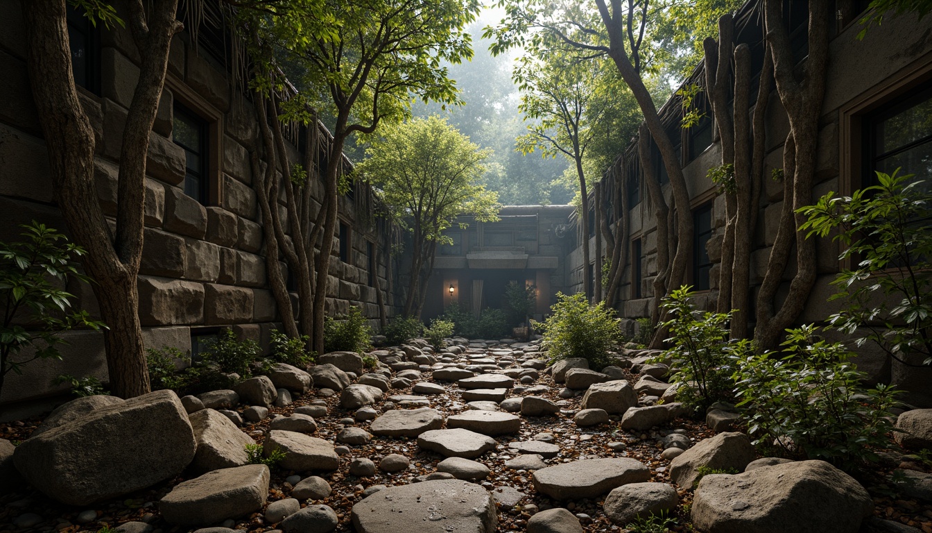 Prompt: Rugged rocky terrain, weathered stone walls, ancient tree roots, mystical forest floor, dense foliage, twisted vines, gnarled branches, misty atmosphere, soft warm lighting, shallow depth of field, 3/4 composition, realistic textures, ambient occlusion, detailed normal maps, high-frequency details, subtle color variations, earthy tones, moss-covered surfaces, rusty metal accents.