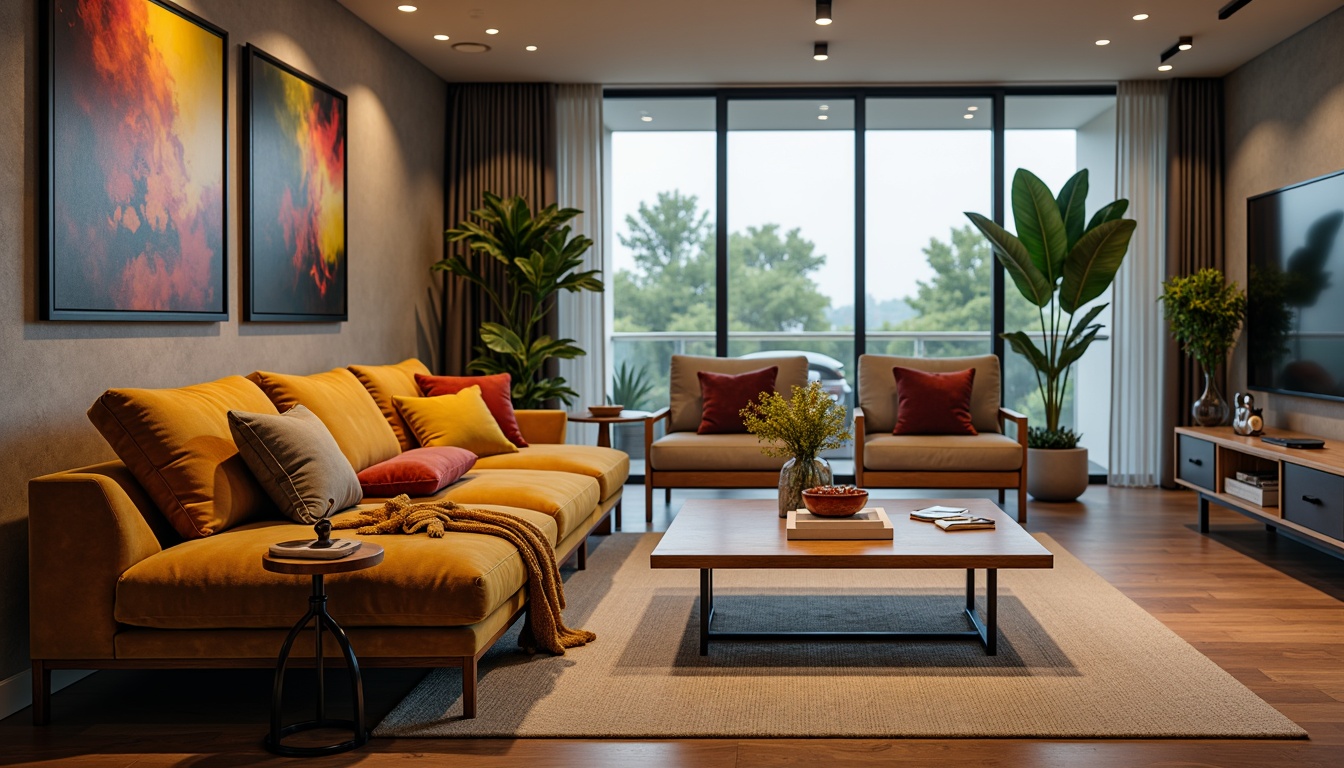 Prompt: Elegant living room, plush velvet sofa, wooden coffee table, minimalist metal legs, soft warm lighting, cozy throw blankets, vibrant colorful pillows, ergonomic chair design, adjustable headrests, sturdy oak wood frames, smooth leather upholstery, sleek low-profile TV stand, floor-to-ceiling windows, natural fiber rug, ambient plants, artistic wall decor, 3/4 composition, realistic textures, shallow depth of field.