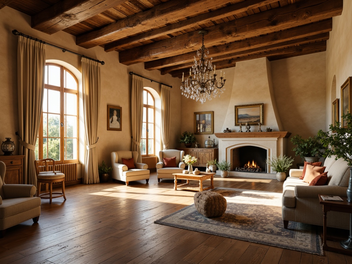 Prompt: Rustic French country chateau, warm beige walls, distressed wood flooring, ornate wooden furniture, soft golden lighting, candelabras, crystal chandeliers, linen drapes, floral patterns, vintage metal lanterns, creamy whites, weathered stone fireplaces, natural textures, ambient warm glow, shallow depth of field, 1/1 composition, intimate atmosphere, realistic reflections.