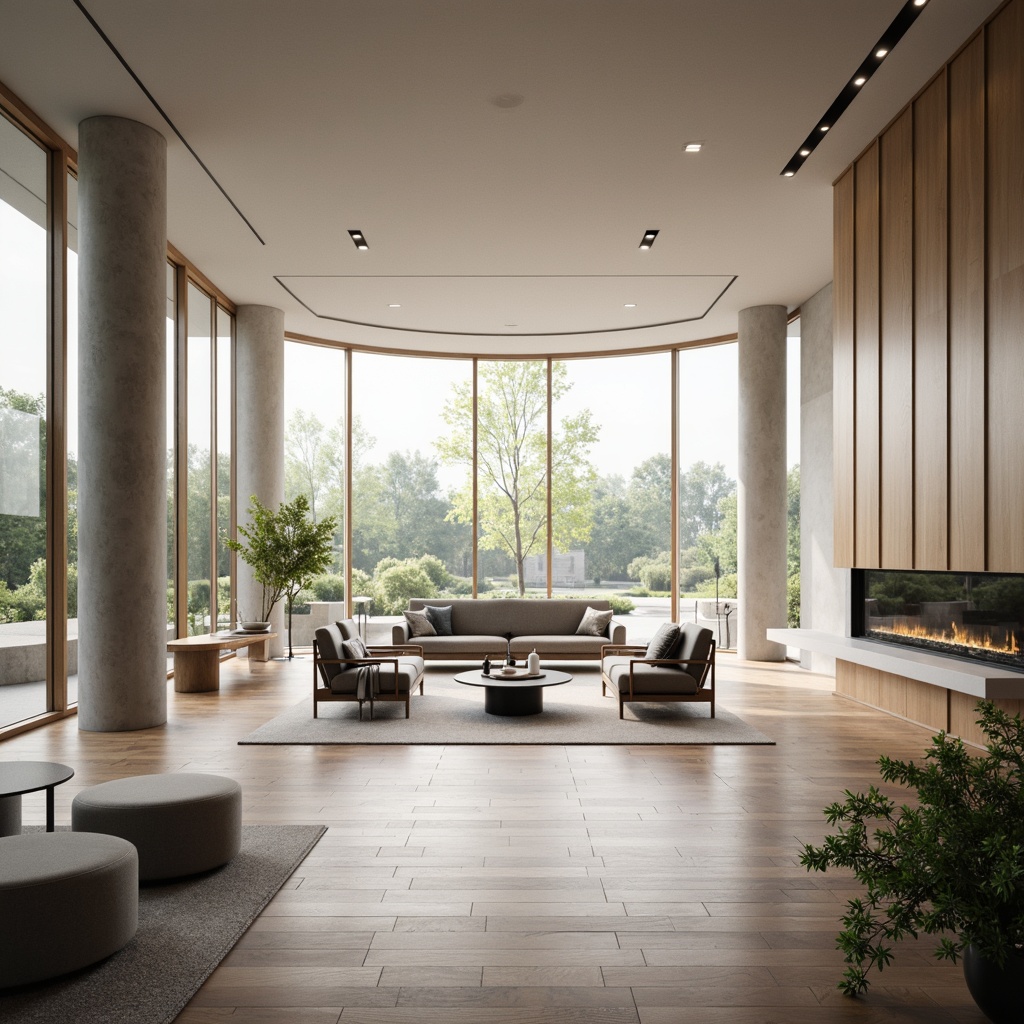 Prompt: Curved lines, minimalist decor, monochromatic color scheme, sleek metallic accents, polished wooden floors, geometric patterns, airy open spaces, floor-to-ceiling windows, natural light pouring in, soft warm ambiance, subtle texture contrasts, 1/1 composition, symmetrical balance, refined modern furniture, luxurious fabrics, ambient occlusion, realistic reflections.