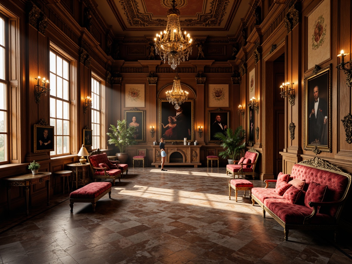 Prompt: Luxurious Renaissance-style palace, ornate wooden furniture, intricately carved details, velvet upholstery, golden accents, rich tapestries, grand chandeliers, marble floors, Baroque-inspired patterns, warm candlelight, soft focus, 1/2 composition, dramatic shadows, high-contrast lighting.