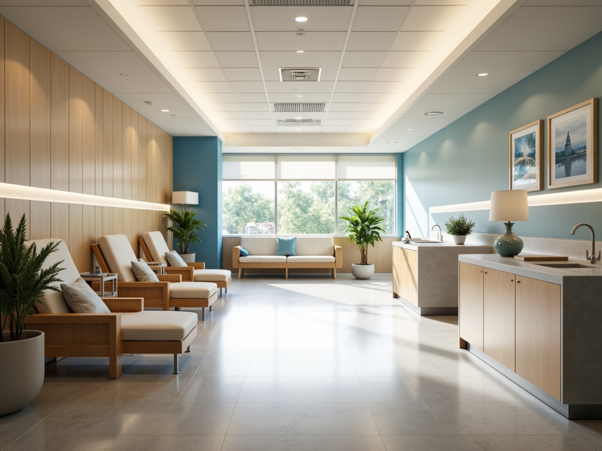 Prompt: Calming hospital interior, soft beige walls, soothing blue accents, warm wooden furniture, comfortable patient chairs, natural light pouring in, gentle LED lighting, minimalist decor, sterile white countertops, stainless steel medical equipment, calming green plants, peaceful artwork, serene atmosphere, shallow depth of field, 1/1 composition, realistic textures, ambient occlusion.