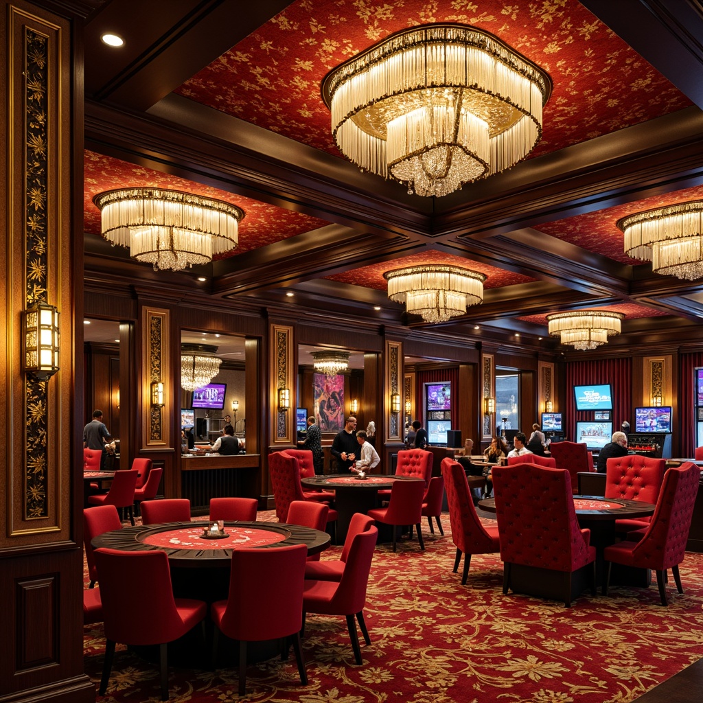 Prompt: Luxurious casino interior, rich velvet fabrics, ornate gold accents, tufted upholstery, rolled arms, studded buttons, red and black color scheme, dramatic chandeliers, crystal decorations, intricate patterns, plush cushions, comfortable seating areas, high-stakes gaming atmosphere, sophisticated ambiance, warm golden lighting, luxurious carpets, marble floors, classic casino aesthetic, nostalgic vibe, opulent decor.