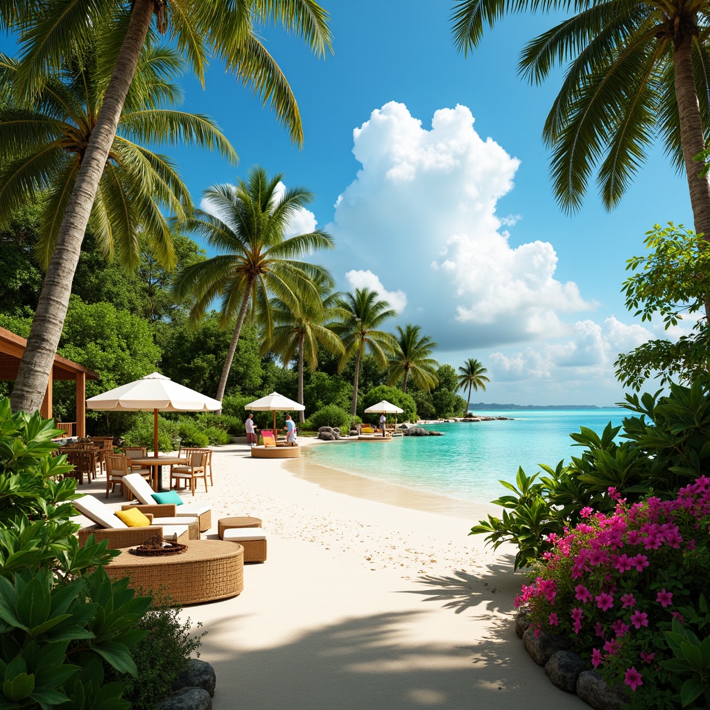 Prompt: Vibrant tropical landscape, lush green foliage, exotic flowers, turquoise ocean waters, sandy white beach, warm sunny day, bright coral reefs, pastel-colored huts, natural wood textures, woven rattan furniture, colorful tiki torches, palm tree silhouettes, soft warm lighting, shallow depth of field, 1/2 composition, realistic water effects, ambient occlusion.