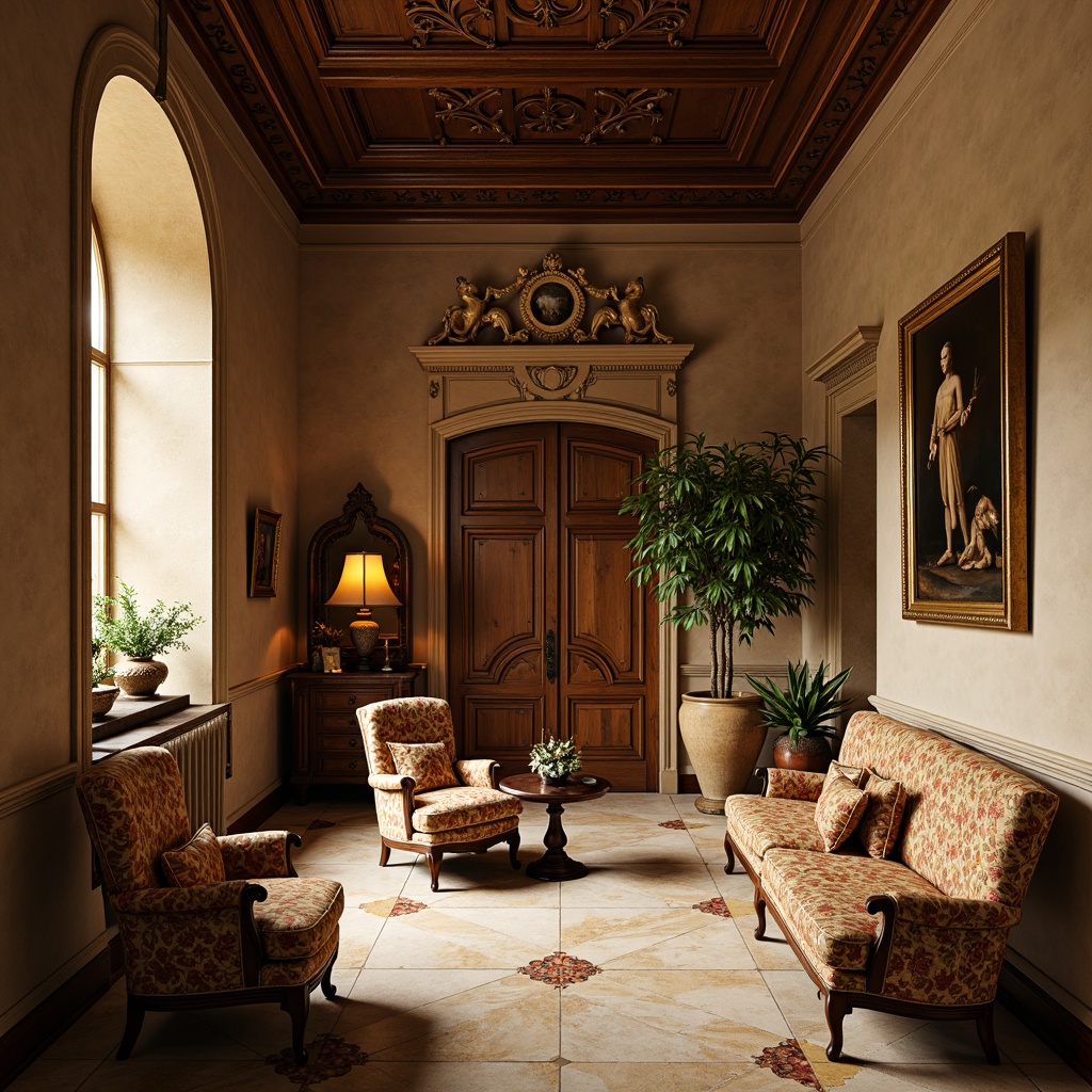 Prompt: Elegant Renaissance interior, rich wood tones, ornate furnishings, luxurious fabrics, golden accents, warm beige walls, creamy marble floors, intricately carved wooden panels, soft warm lighting, dramatic shadows, atmospheric misting, 1/2 composition, intimate framing, realistic textures, subtle ambient occlusion.