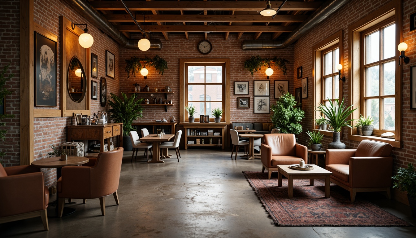 Prompt: Cozy coffee shop, rustic wooden accents, exposed brick walls, vintage decorative items, warm lighting fixtures, plush armchairs, reclaimed wood tables, earthy tone color scheme, natural stone flooring, lush greenery, aromatic coffee scents, busy morning atmosphere, soft background music, 1/2 composition, shallow depth of field, warm and inviting ambiance.