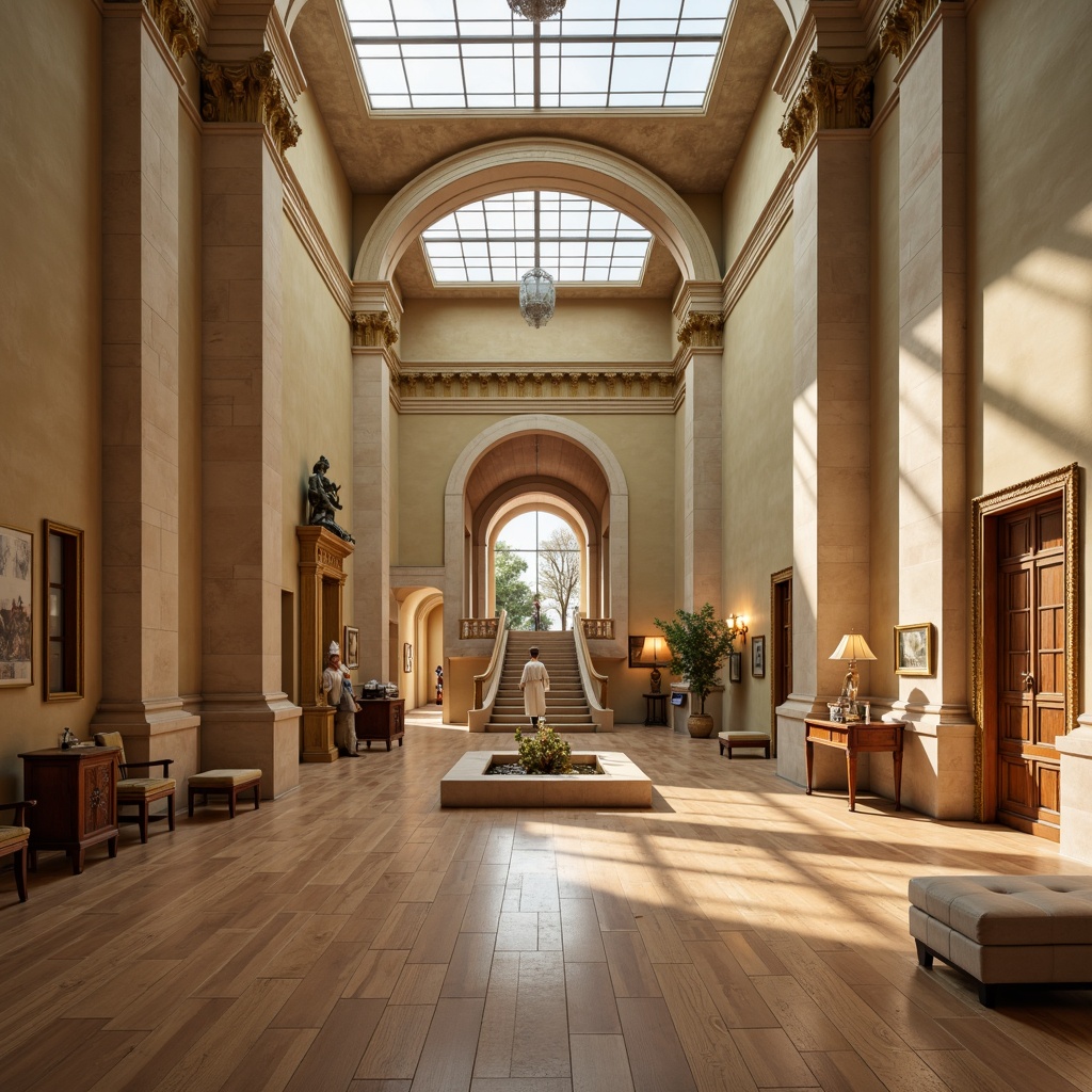 Prompt: Elegant museum interior, rich cultural heritage, subtle beige walls, polished wooden floors, ornate golden frames, soft warm lighting, gentle cream-colored accents, majestic high ceilings, refined dark wood tones, sophisticated neutral backgrounds, artistic exhibits, subtle texture variations, natural stone columns, grand staircase, serene atmosphere, shallow depth of field, 1/1 composition, realistic textures, ambient occlusion.