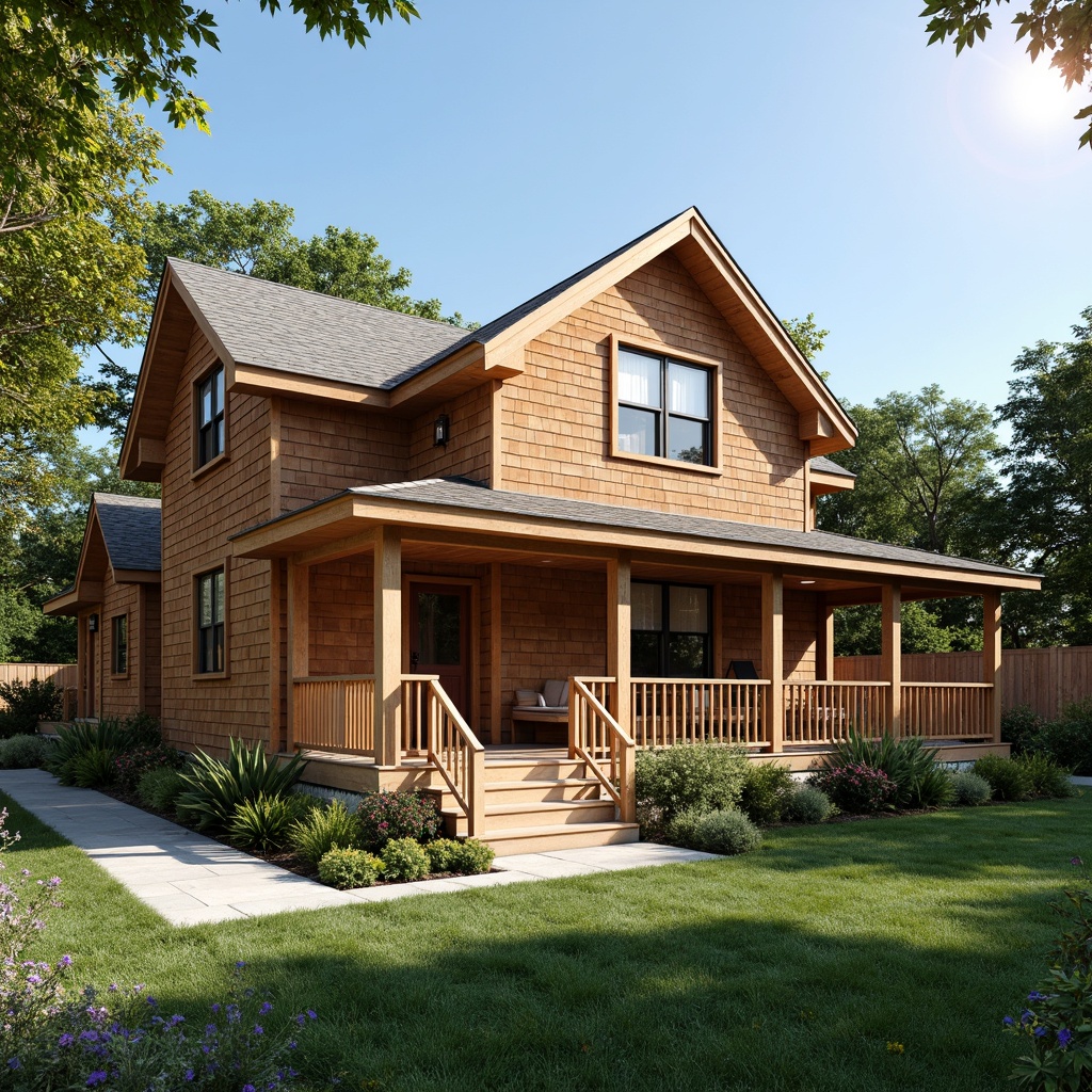 Prompt: Traditional house facade, warm earthy tones, horizontal board and batten siding, natural wood textures, rustic metal accents, pitched roofs, dormer windows, cozy front porches, inviting entranceways, lush greenery, blooming flowers, manicured lawns, sunny afternoon, soft warm lighting, shallow depth of field, 3/4 composition, realistic materials, ambient occlusion.