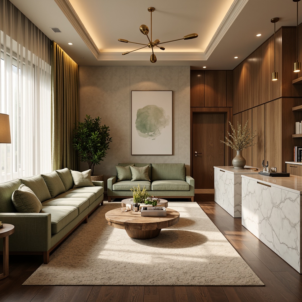 Prompt: Elegant living room, rich wood tones, warm beige walls, plush velvet sofas, golden lighting fixtures, subtle patterned rugs, creamy white marble countertops, soft sage green accents, natural linen drapes, airy open layout, 1/1 composition, warm atmospheric lighting, realistic textures, ambient occlusion.