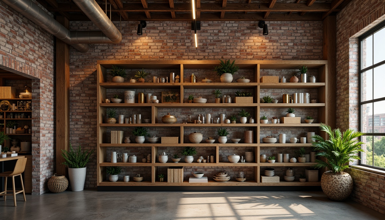 Prompt: Rustic wooden shelves, vintage metal lanterns, distressed brick walls, reclaimed wood accents, industrial-style lighting fixtures, exposed ductwork, polished concrete floors, earthy tone color palette, natural textiles, woven baskets, potted greenery, soft warm ambient lighting, 1/1 composition, realistic material textures, shallow depth of field, cozy intimate atmosphere.