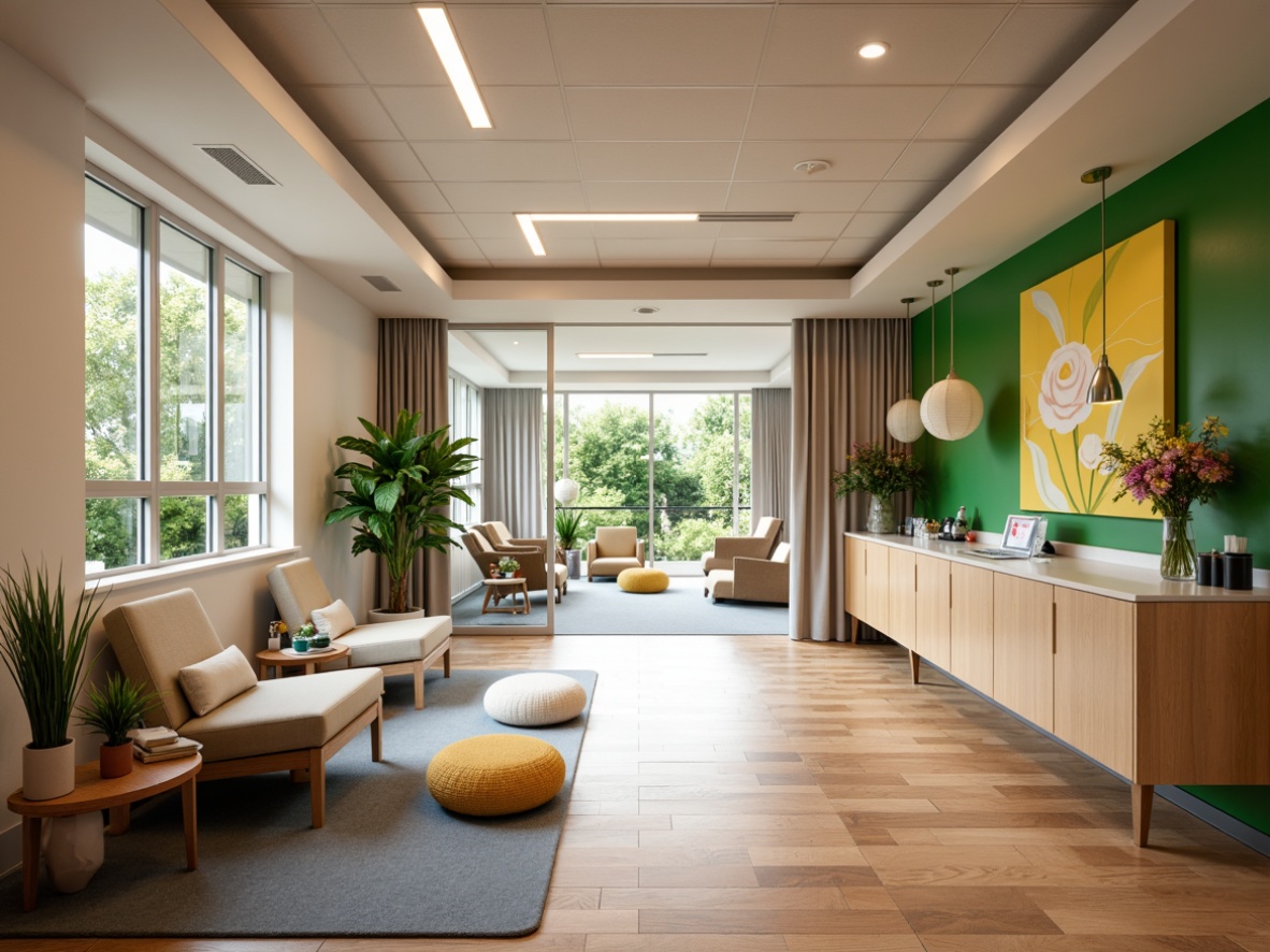 Prompt: Soothing healthcare facility, calming color palette, gentle beige tones, soft peach hues, muted blue accents, natural wood textures, earthy brown floors, comfortable seating areas, warm ambient lighting, large windows, outdoor garden views, serene water features, peaceful waiting rooms, modern medical equipment, sleek metal finishes, minimalist decor, vibrant green walls, uplifting yellow accents, calming nature-inspired artwork, shallow depth of field, 1/1 composition, realistic renderings.