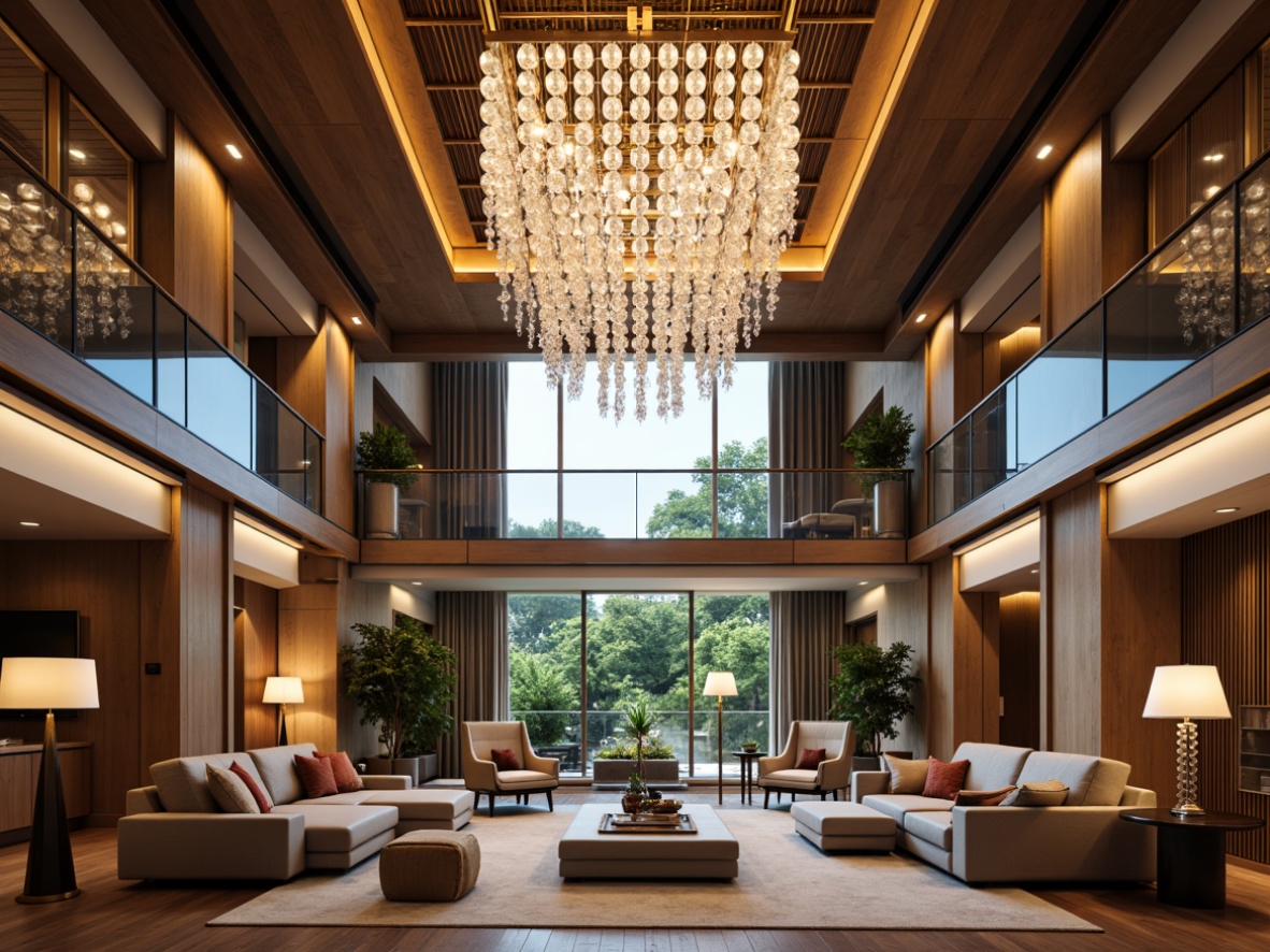 Prompt: Luxurious modern chandelier, crystal droplets, polished chrome accents, warm ambient glow, recessed ceiling lights, sleek track lighting, industrial exposed bulbs, minimalist pendant lamps, dramatic floor lamps, rich wood tones, opulent fabrics, lavish furnishings, grand staircase, high ceilings, spacious open-plan living area, bright sunny day, soft natural light, 1/1 composition, shallow depth of field, realistic textures, ambient occlusion.