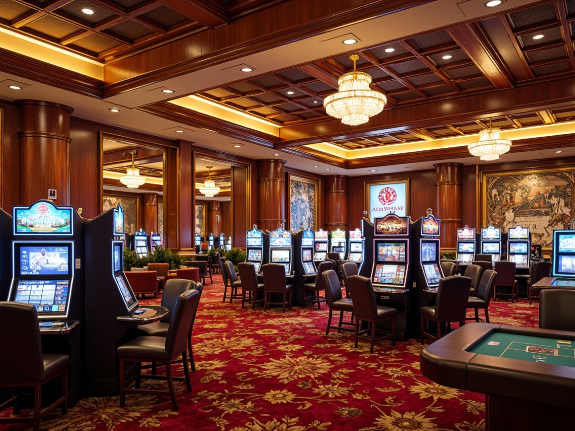 Prompt: Luxurious casino interior, rich velvet fabrics, ornate golden decorations, lavish chandeliers, intricate moldings, opulent carpets, classic wood paneling, flashy neon lights, bold colorful accents, glamorous slot machines, elegant poker tables, sophisticated lounge areas, dimly lit bars, luxurious VIP rooms, intimate private gaming spaces, dramatic high ceilings, grand staircases, ornate mirrors, flashy signage, vibrant nightlife atmosphere, warm inviting lighting, shallow depth of field, 1/2 composition, realistic textures.