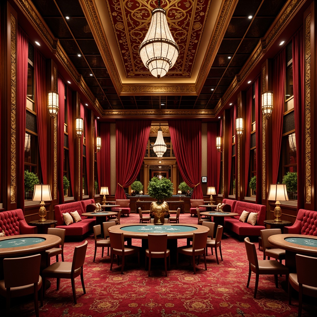 Prompt: Rich velvet fabrics, ornate wooden frames, luxurious golden accents, intricate carvings, plush cushions, tufted upholstery, regal red colors, opulent patterns, lavish furnishings, grandiose chandeliers, dramatic drapery, warm ambient lighting, classic casino atmosphere, nostalgic Vegas vibes, sophisticated lounge seating, high-stakes gaming tables, elegant poker rooms, VIP areas, exclusive VIP lounges, lavish decor, ornate mirrors, crystal chandeliers, soft warm glow, 3/4 composition, realistic textures, ambient occlusion.