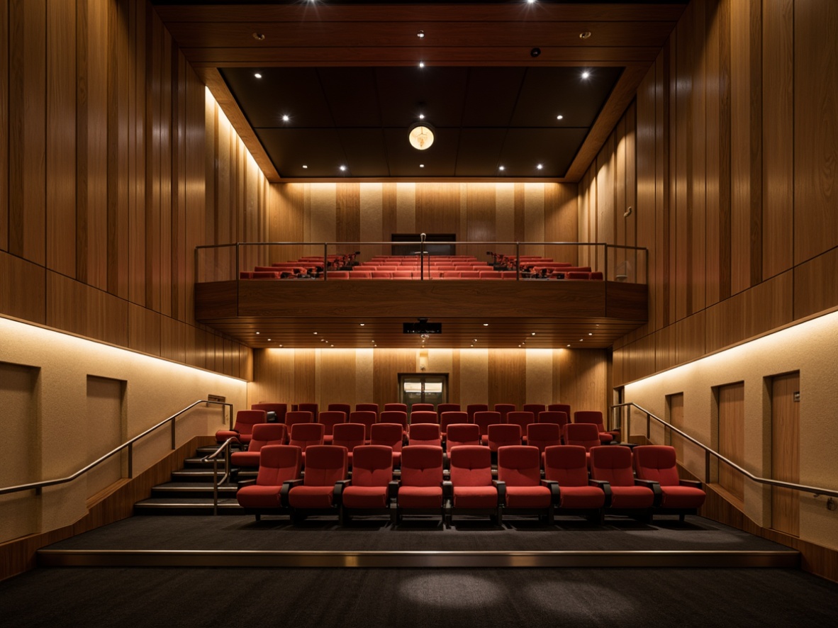 Prompt: Streamlined auditorium, polished chrome accents, rich walnut wood paneling, luxurious velvet upholstery, soft golden lighting, minimalist decor, curved lines, geometric shapes, sleek metal handrails, matte black flooring, plush carpeted aisles, modernist architecture, subtle texture contrasts, warm beige walls, dramatic spotlights, 1/2 composition, cinematic atmosphere, realistic reflections, ambient occlusion.