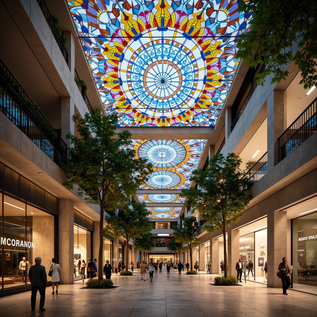 Prompt: Vibrant shopping center, stunning stained glass ceiling, kaleidoscope colors, intricate patterns, refracted light, luxurious ambiance, high-end retail stores, marble flooring, sleek metal accents, modern minimalist decor, natural stone walls, lush greenery, tropical plants, warm atmospheric lighting, shallow depth of field, 1/1 composition, realistic textures, ambient occlusion.