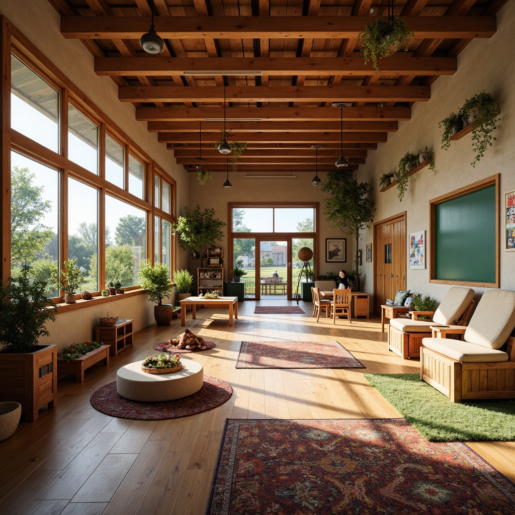 Prompt: Rustic farmhouse-style elementary school, wooden accents, natural materials, earthy tones, vintage decorations, traditional classroom layout, wooden desks, green chalkboards, cozy reading nooks, plush area rugs, comfortable seating areas, abundant natural light, large windows, sliding glass doors, outdoor learning spaces, gardening areas, educational murals, colorful artwork displays, soft warm lighting, shallow depth of field, 3/4 composition, realistic textures, ambient occlusion.