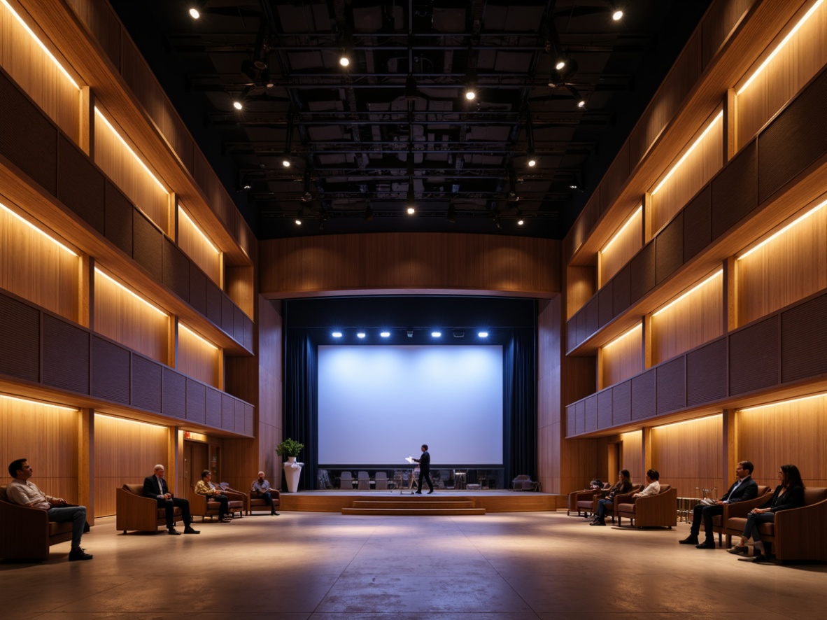 Prompt: Streamlined modern auditorium, sleek curved lines, minimalist proscenium, stage lighting with warm color temperatures, LED strips, spotlights, floodlights, dimmable fixtures, high ceilings, cantilevered balconies, wooden acoustic panels, sound-absorbing materials, polished concrete floors, retractable seating, open-plan interior, abundant natural light, subtle gradient illumination, 1/1 composition, cinematic lighting effects, realistic shadows, ambient occlusion.