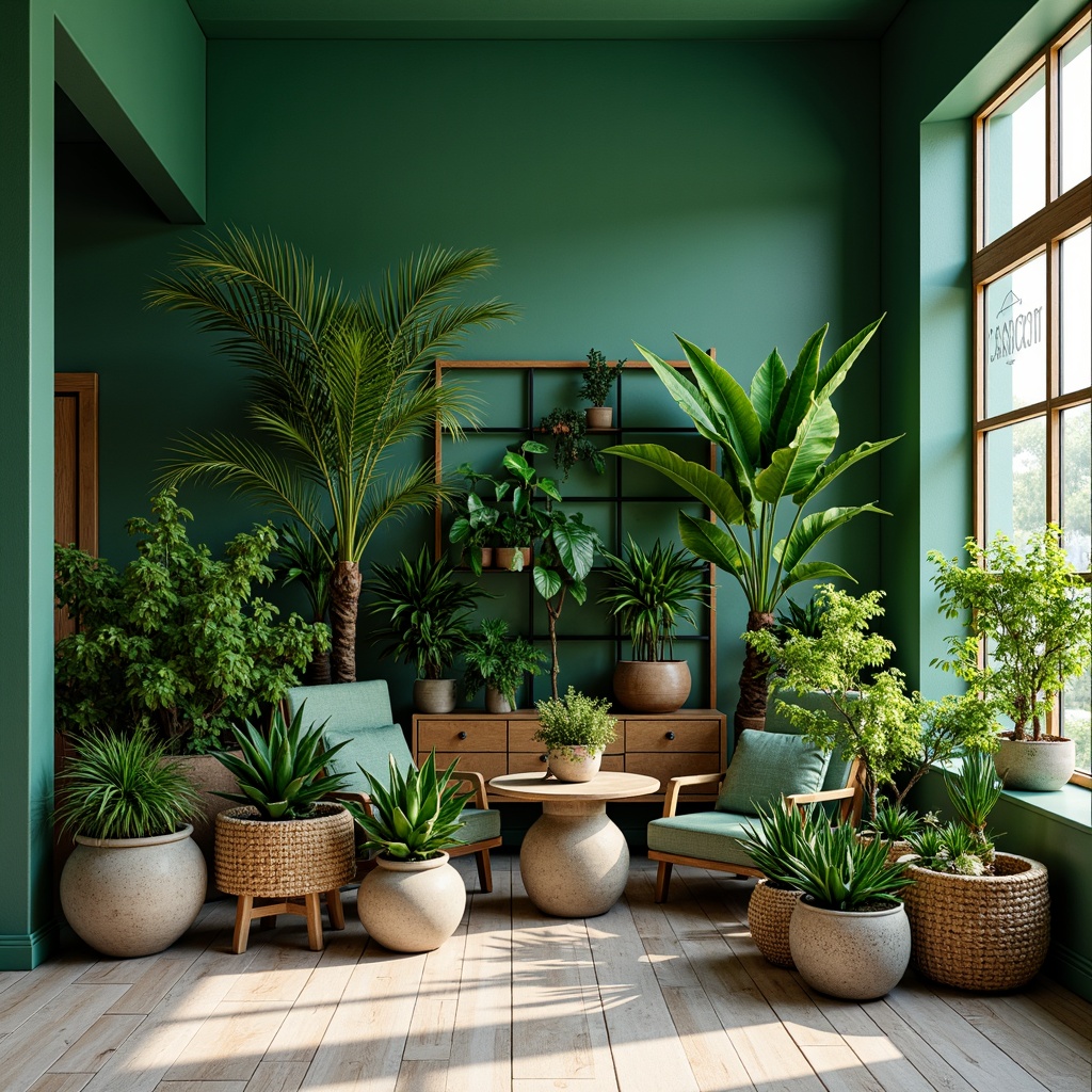 Prompt: Vibrant green walls, lush foliage, exotic tropical plants, natural wood accents, modern planters, industrial metal trellises, warm cozy lighting, soft pastel colors, minimalist decor, Scandinavian-inspired design, textured ceramics, woven baskets, earthy terrariums, air-purifying botanicals, calming ambiance, 1/1 composition, shallow depth of field, realistic textures.