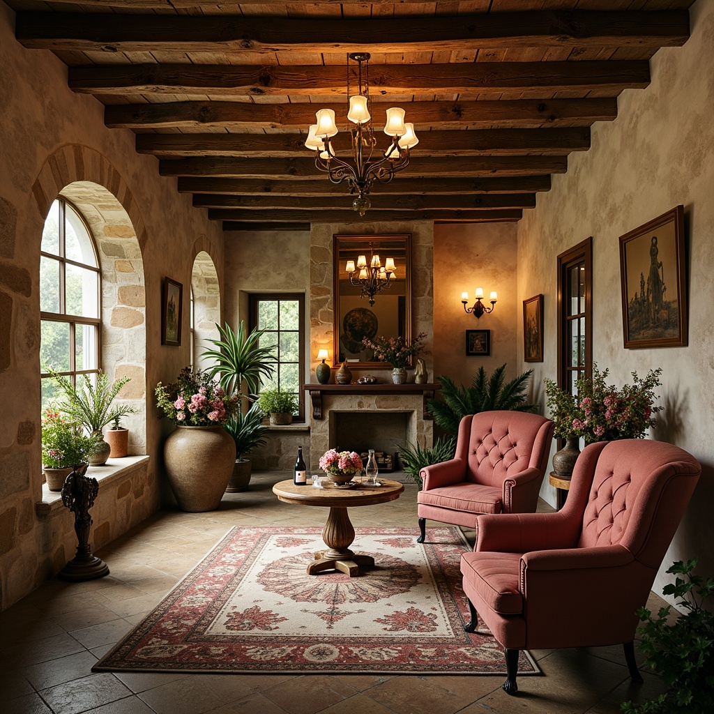 Prompt: Rustic French country estate, distressed wooden beams, natural stone walls, elegant chandeliers, plush velvet armchairs, ornate carved wood furniture, soft golden lighting, warm beige colors, vintage decorative accents, lush greenery, blooming flowers, romantic candlelit ambiance, 1/1 composition, shallow depth of field, realistic textures, ambient occlusion.