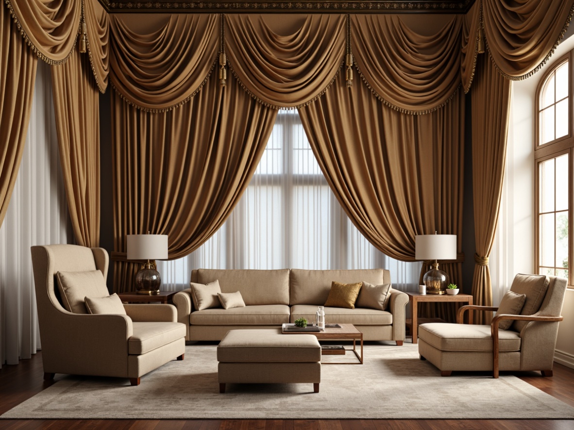 Prompt: Luxurious fabrics, intricate folds, elegant draping, flowing silks, velvety softness, warm neutral tones, opulent gold accents, lavish layered curtains, refined pinch pleats, sophisticated French pleats, majestic swags, ornate tiebacks, lavish tassel trims, sumptuous velvet pillows, richly upholstered furniture, regal throne-like chairs, grandiose floor-to-ceiling drapes, warm ambient lighting, soft focus, shallow depth of field.